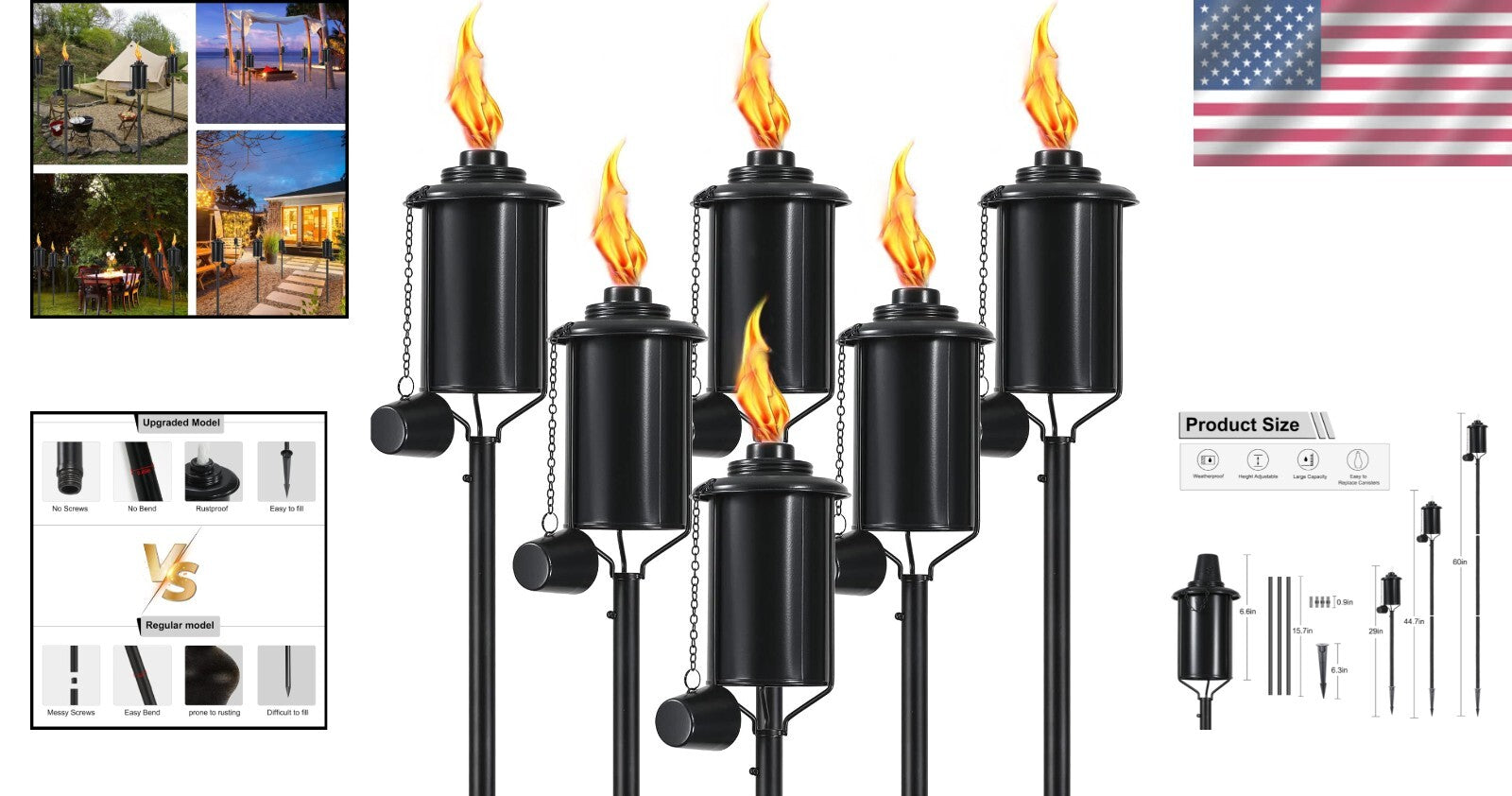 6-Pack Stylish 16 oz Citronella Torches - Adjustable Height for Outdoor Elegance