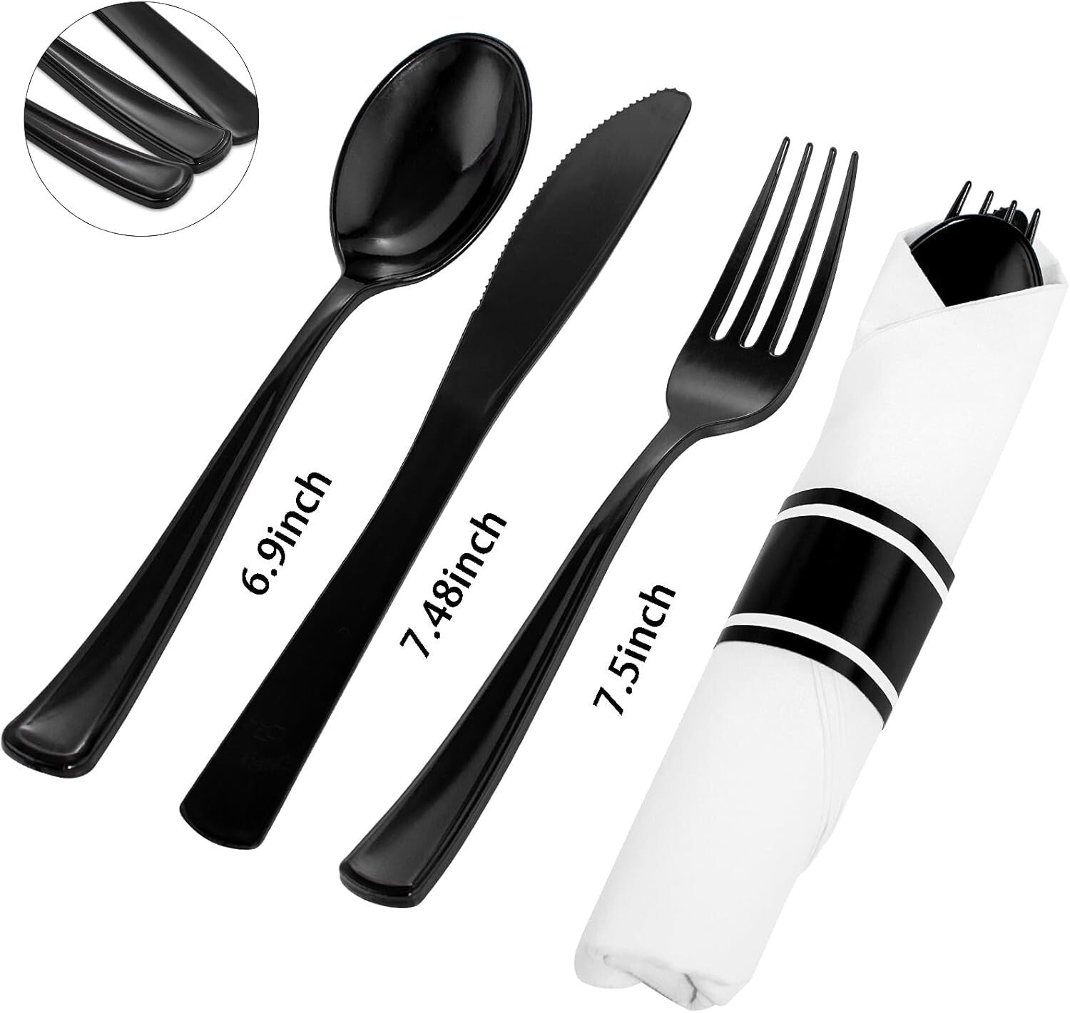 60-Pack Heavy Duty Pre-Wrapped Black Plastic Cutlery with Napkins - Elegant &...