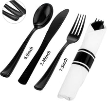 Load image into Gallery viewer, 60-Pack Heavy Duty Pre-Wrapped Black Plastic Cutlery with Napkins - Elegant &amp;...