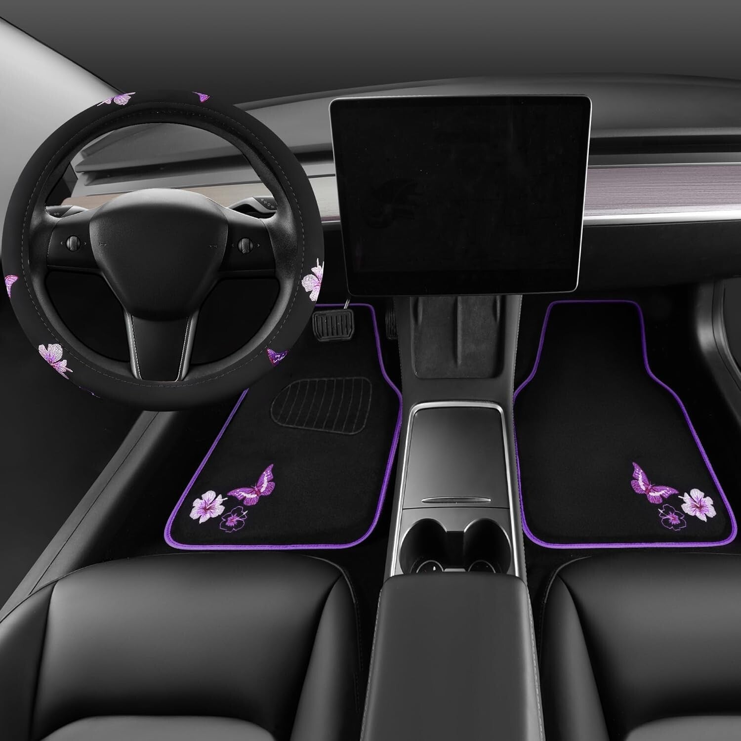 Elegant Purple Car Mats and Butterfly Steering Wheel Set - Easy Installation