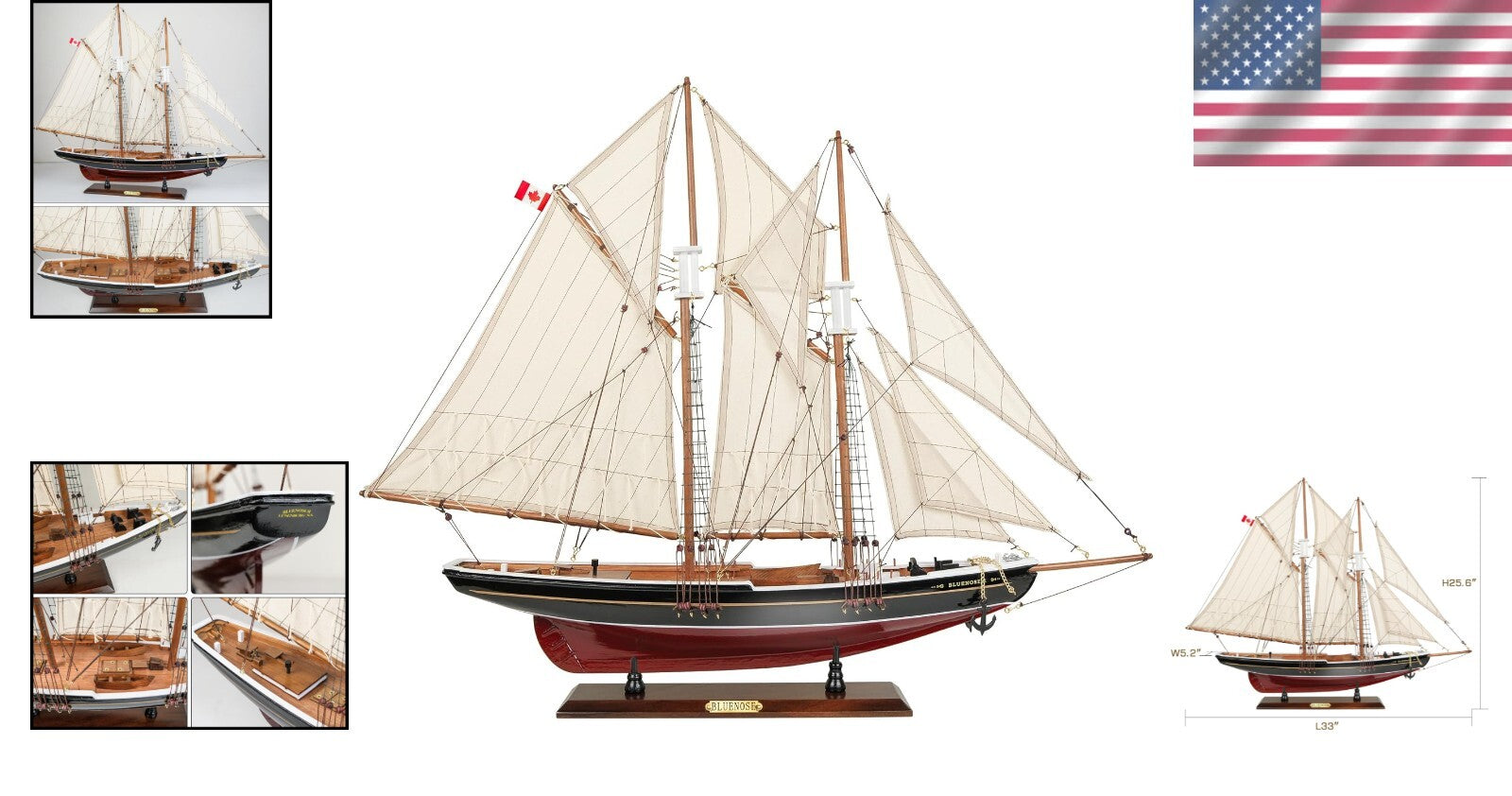 Authentic Bluenose Model Ship - Nautical Decor Piece with Hand-Stitched Sails