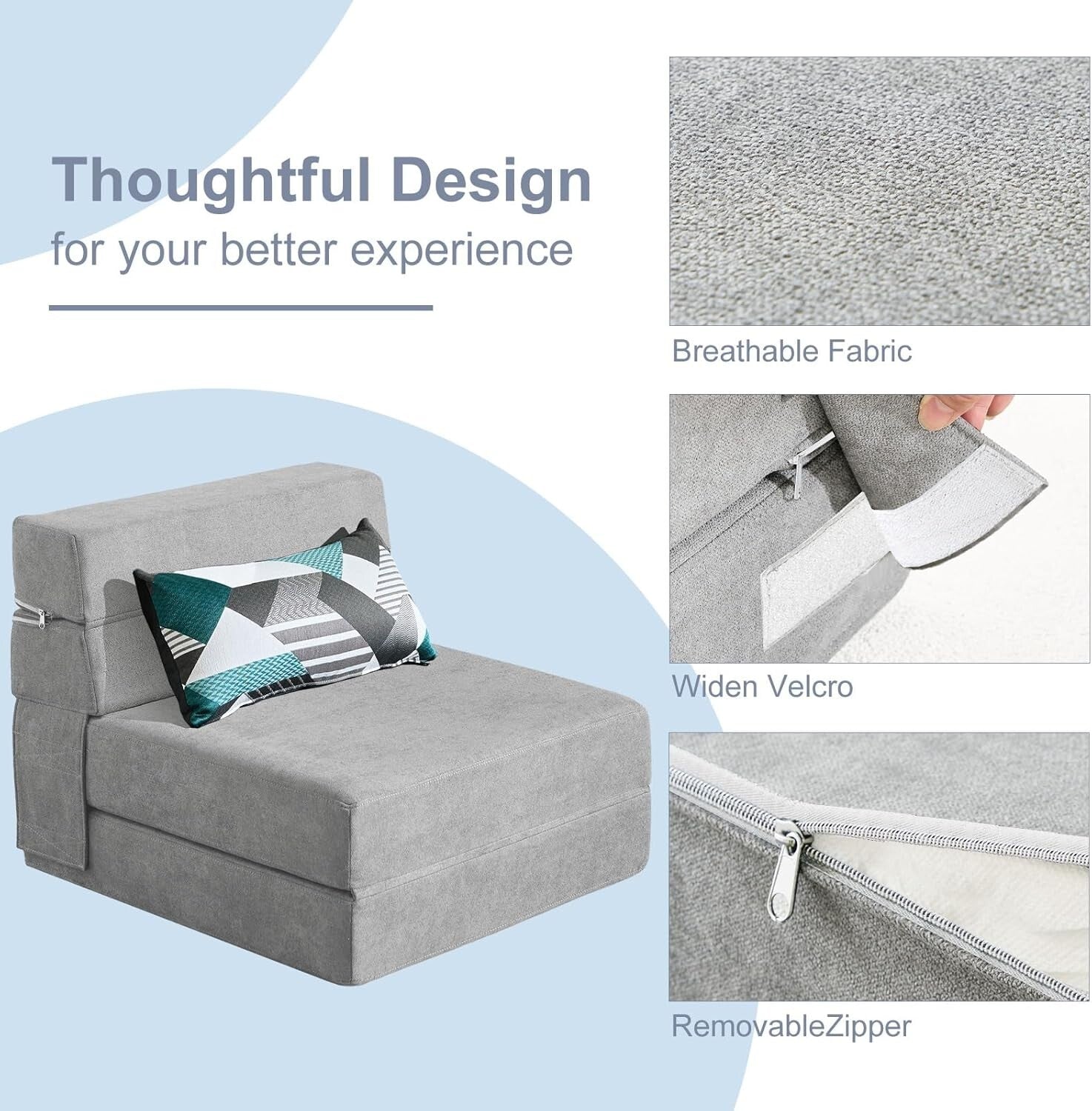 Transformable Light Gray Sofa Bed Couch - Comfortable Folding Chair with Pillow