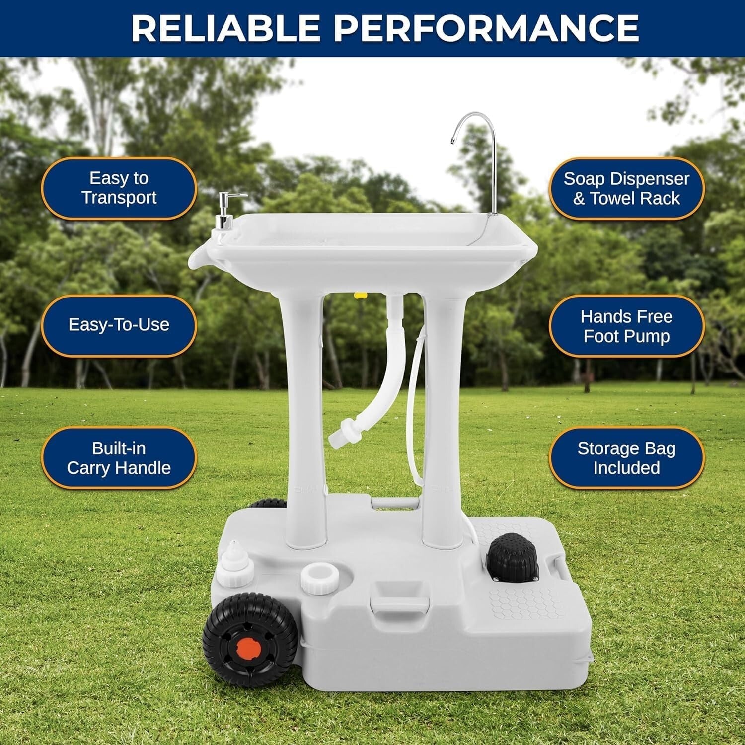 Freestanding Camping Sink with Wheels & Hands-Free Pump - Ultimate Convenience