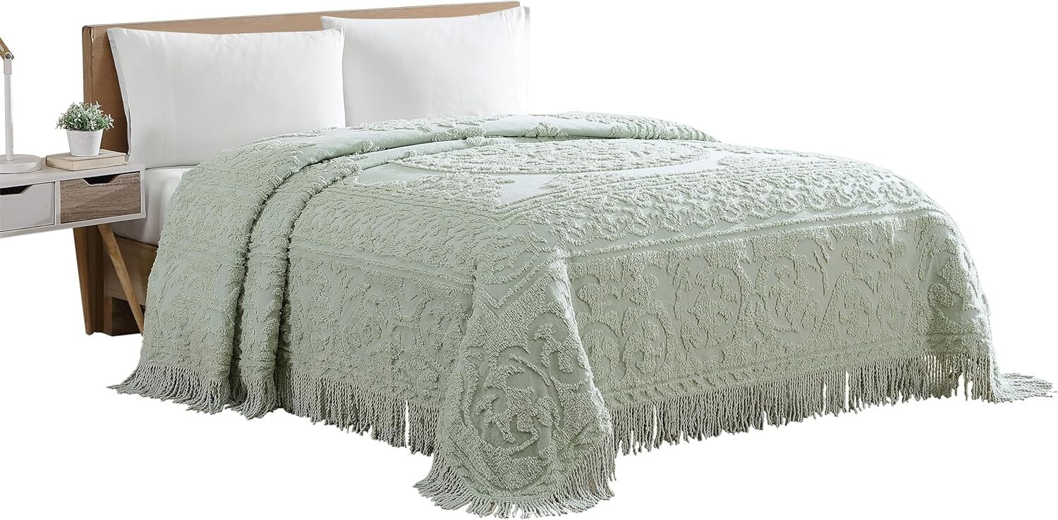 Luxurious King Size Chenille Bedspread in Sage - Traditional Medallion Design
