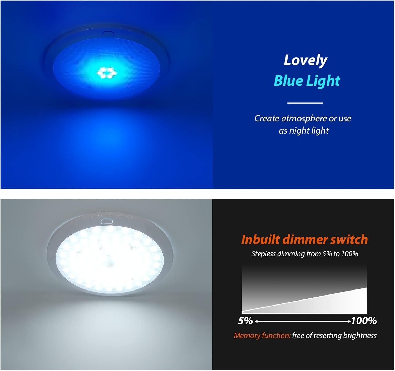 Versatile 12V LED Ceiling Light - Dimmable with Push Button Control, 8.5-Inch