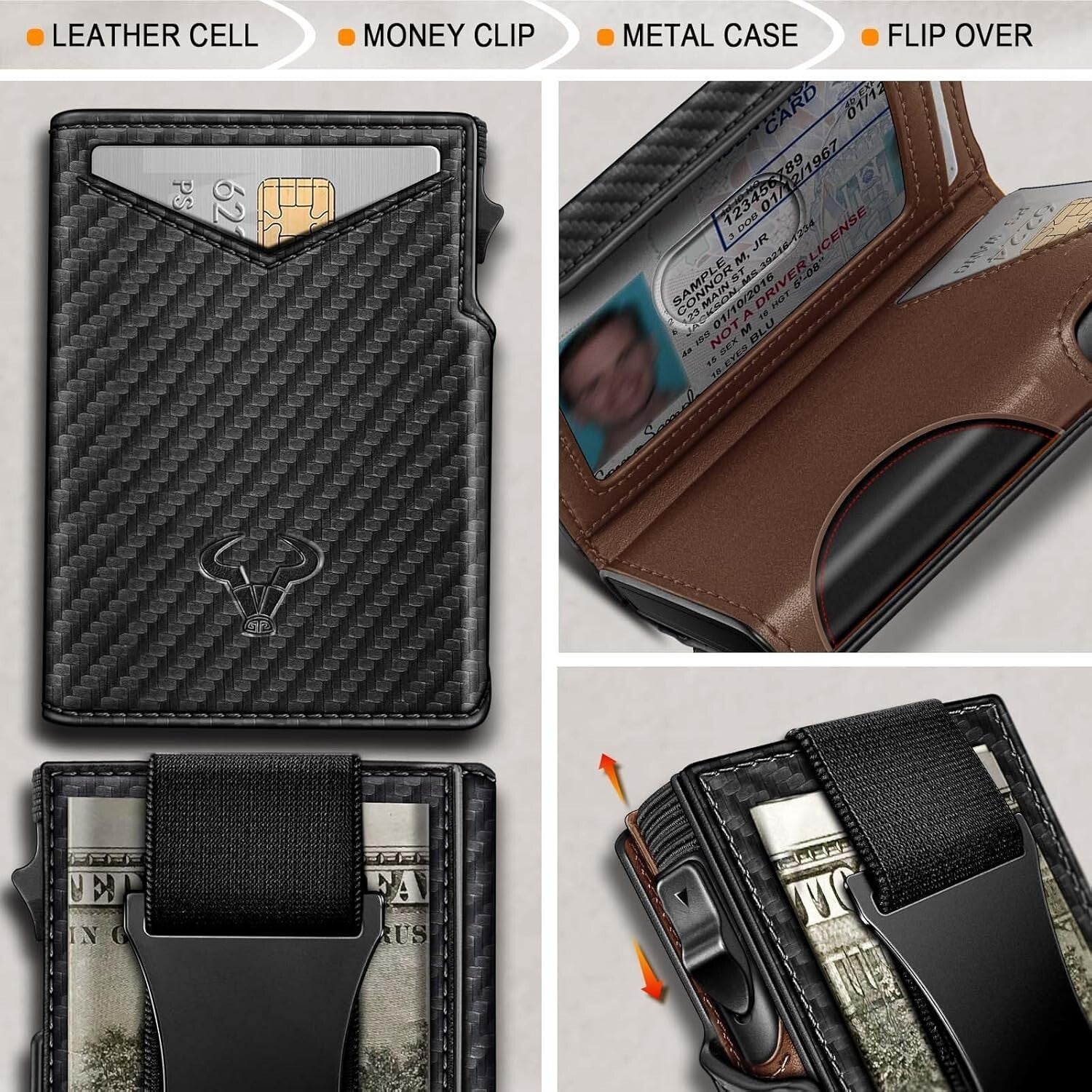 Men's Carbon Fiber Leather Wallet - Magnetic Flip, Pop-Up Cash & Card Holder