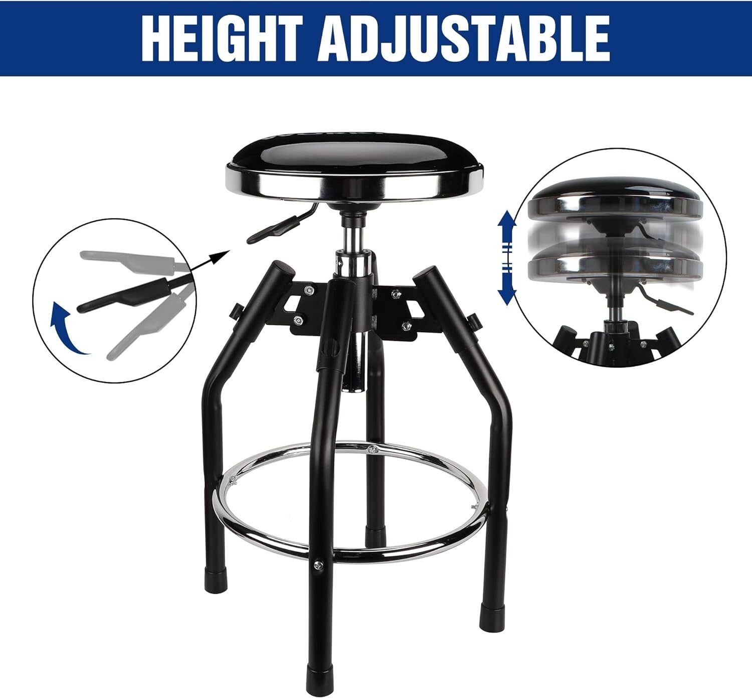 Black Heavy Duty Shop Stool - Hydraulic Height Adjustable 29in to 33.86in
