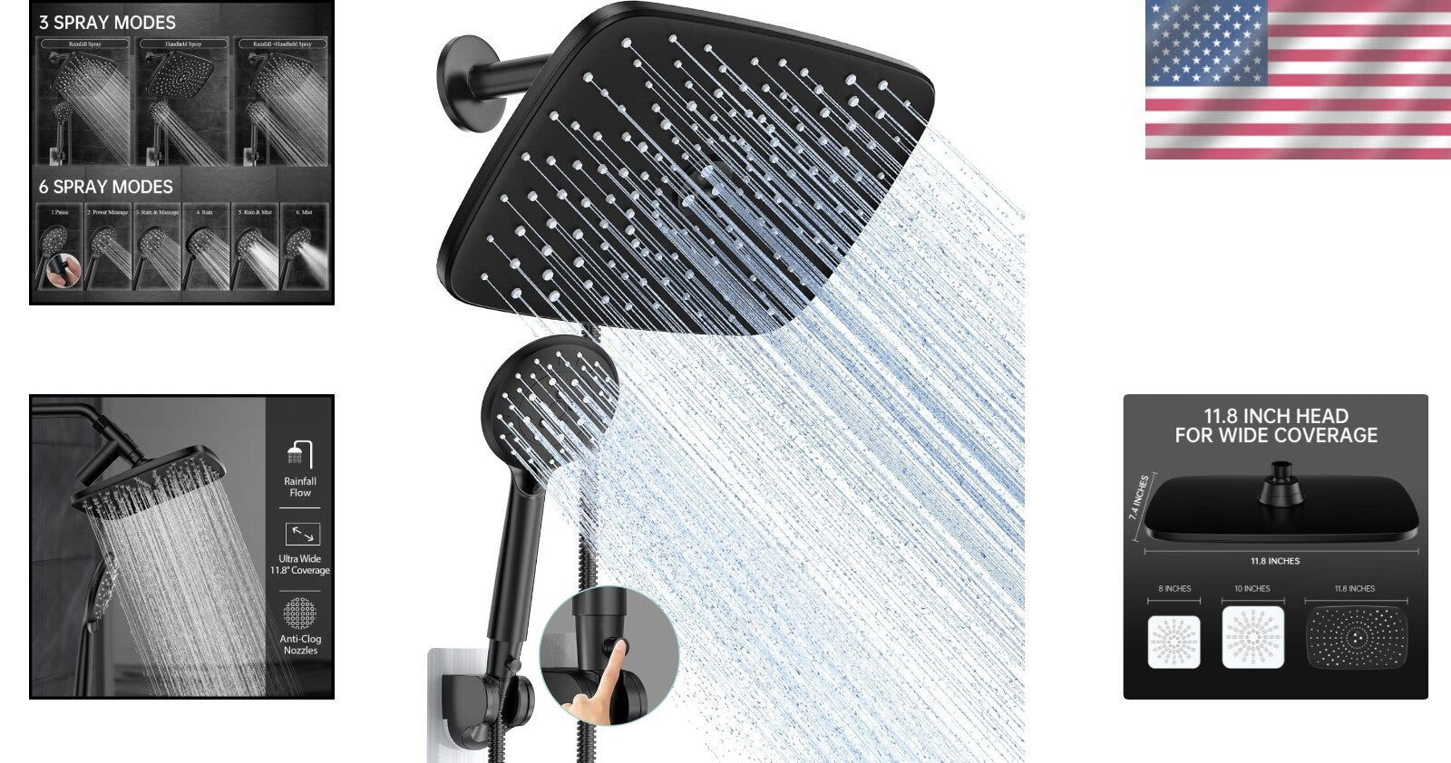 Luxurious 11.8-Inch Eco Flow Shower Head with 6 Settings - Matte Black Finish