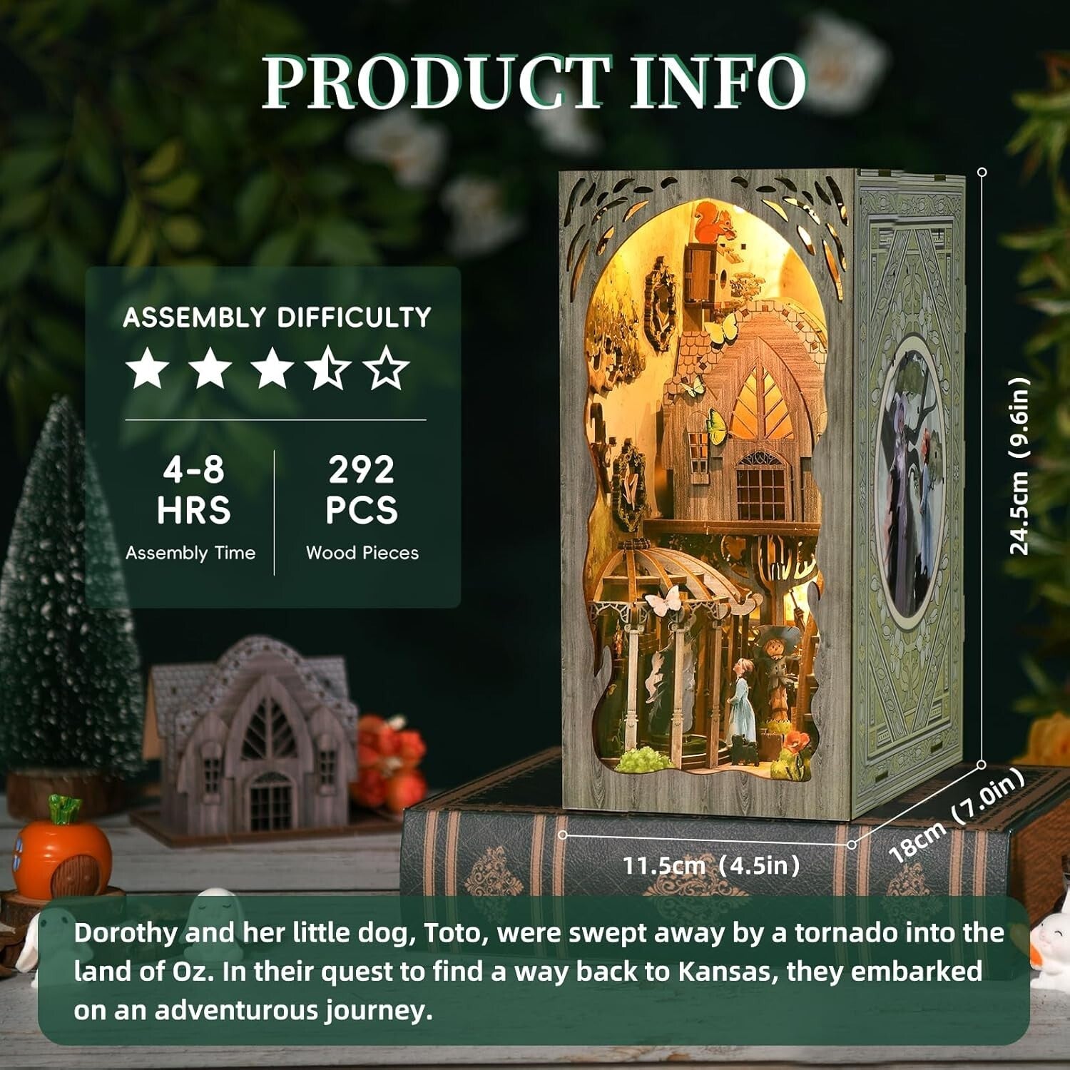 Creative 3D Wooden Book Nook with LED Lights - Elegant Dorothy's Adventure Decor