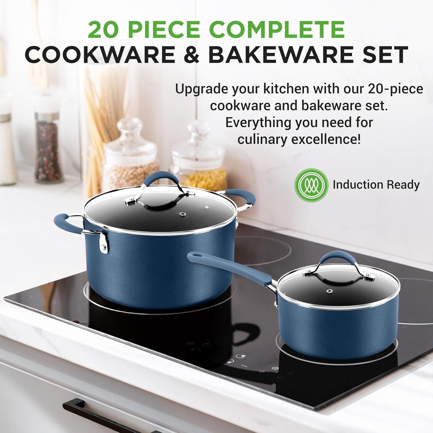 Durable 20-Piece Navy Kitchen Cookware Set - Induction Ready and Dishwasher Safe
