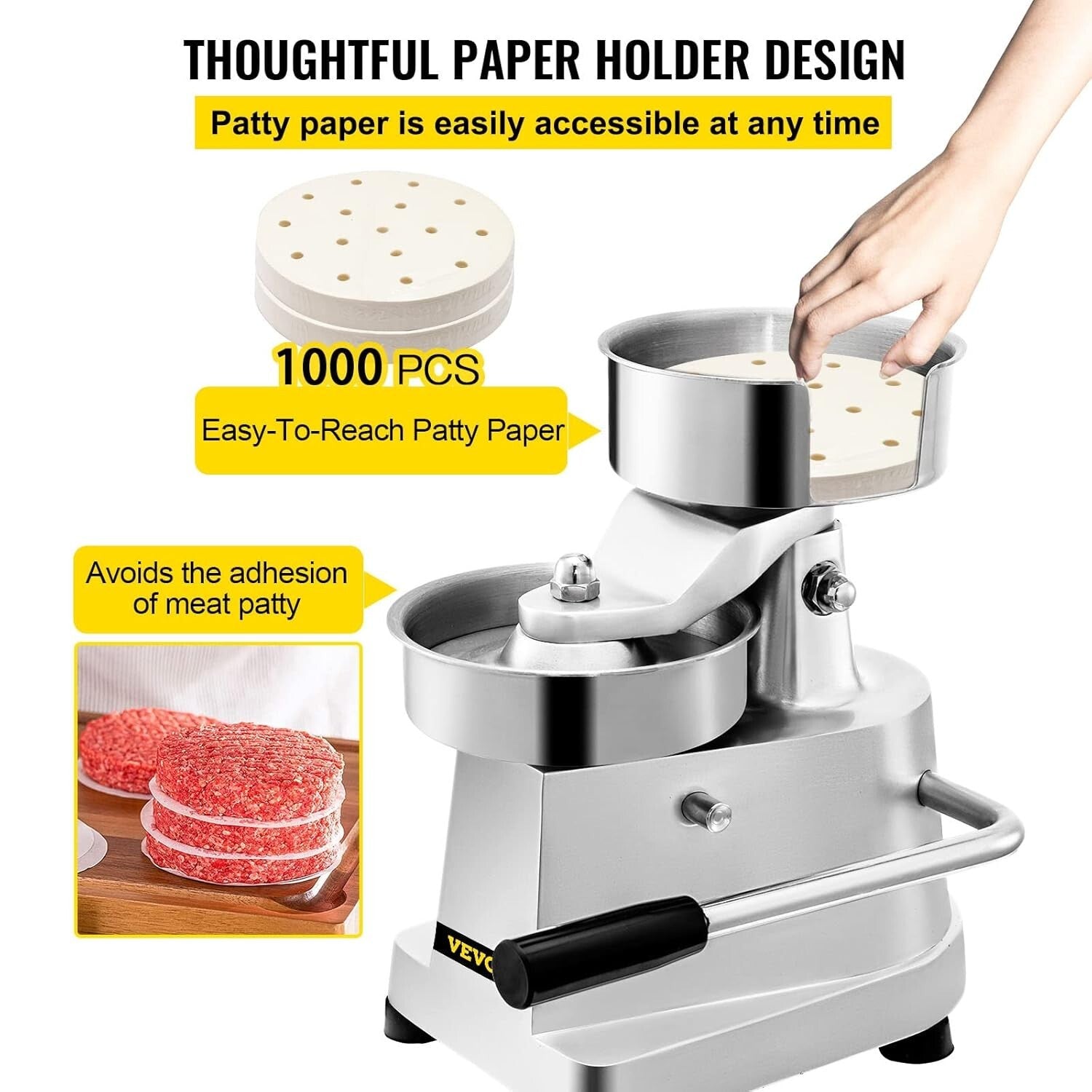 Stainless Steel Burger Patty Maker - Heavy Duty with 1000 Patty Papers Included