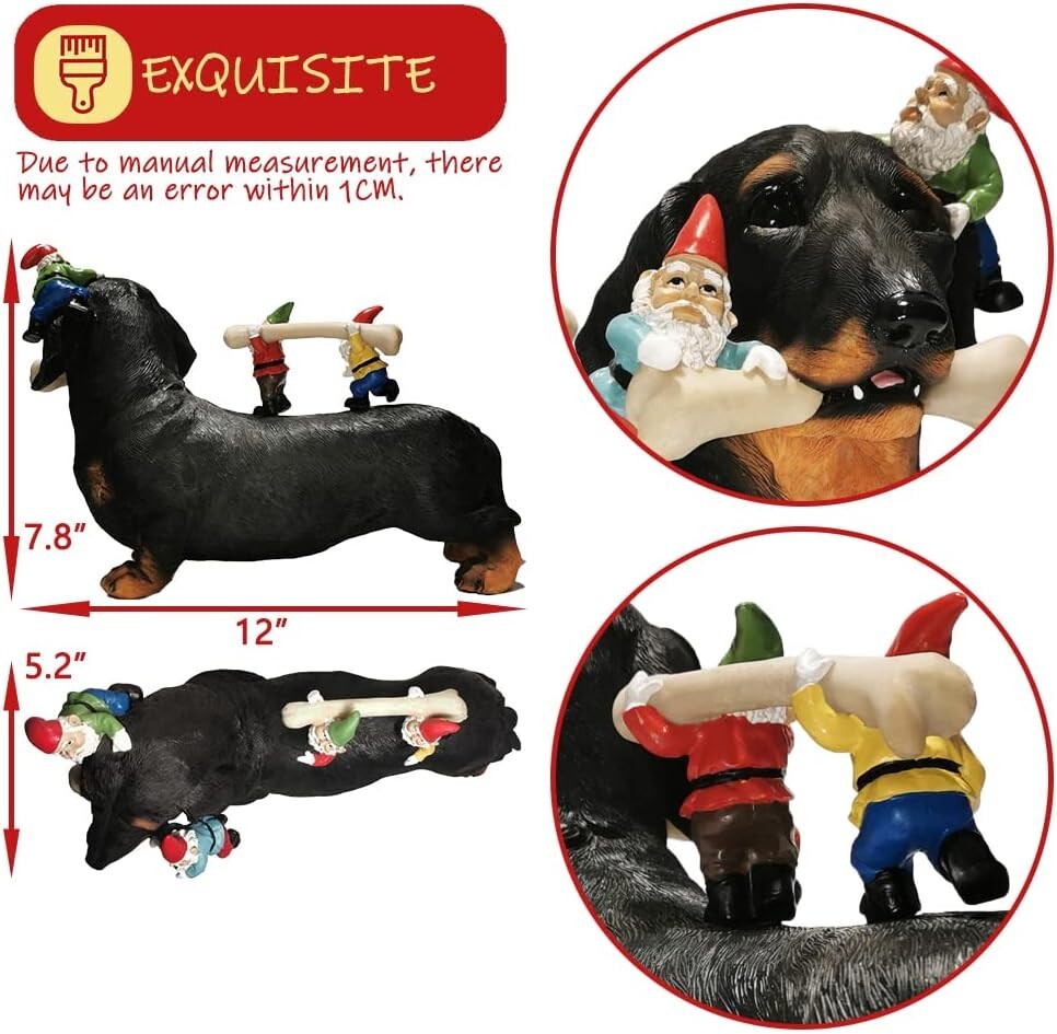 Funny Dachshund Gnome Collecting Bones - 12" Outdoor Statue for Gardens