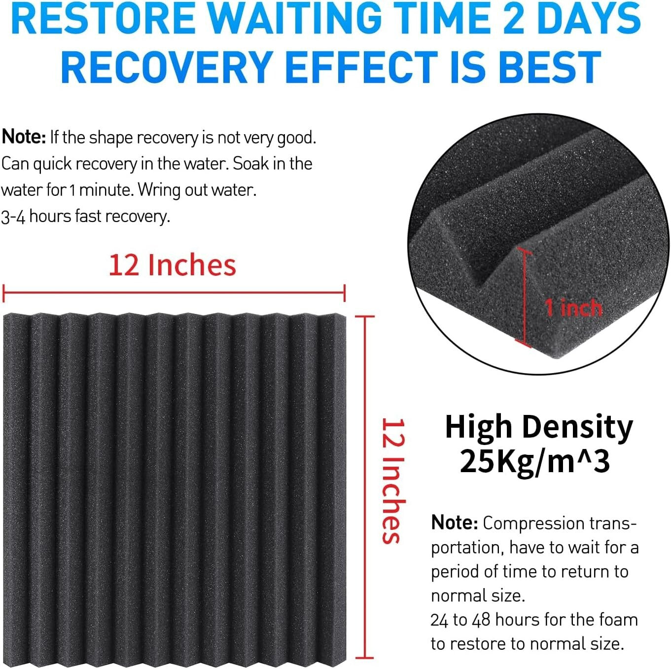 1" x 12" x 12" Acoustic Foam Panels 120 Pack - Double-Sided Adhesive Included