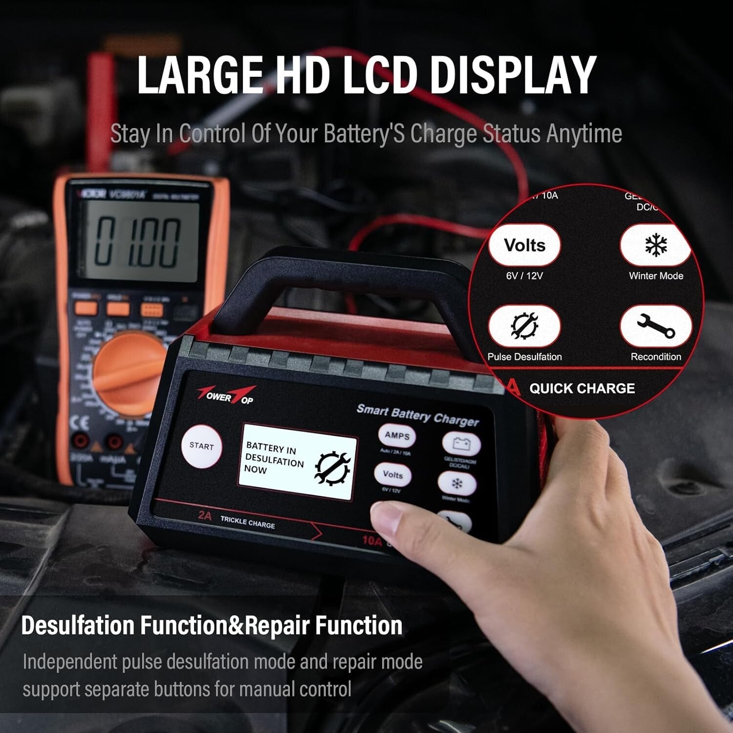 All-in-One Automatic Battery Charger with Repair Mode and Winter Functionality