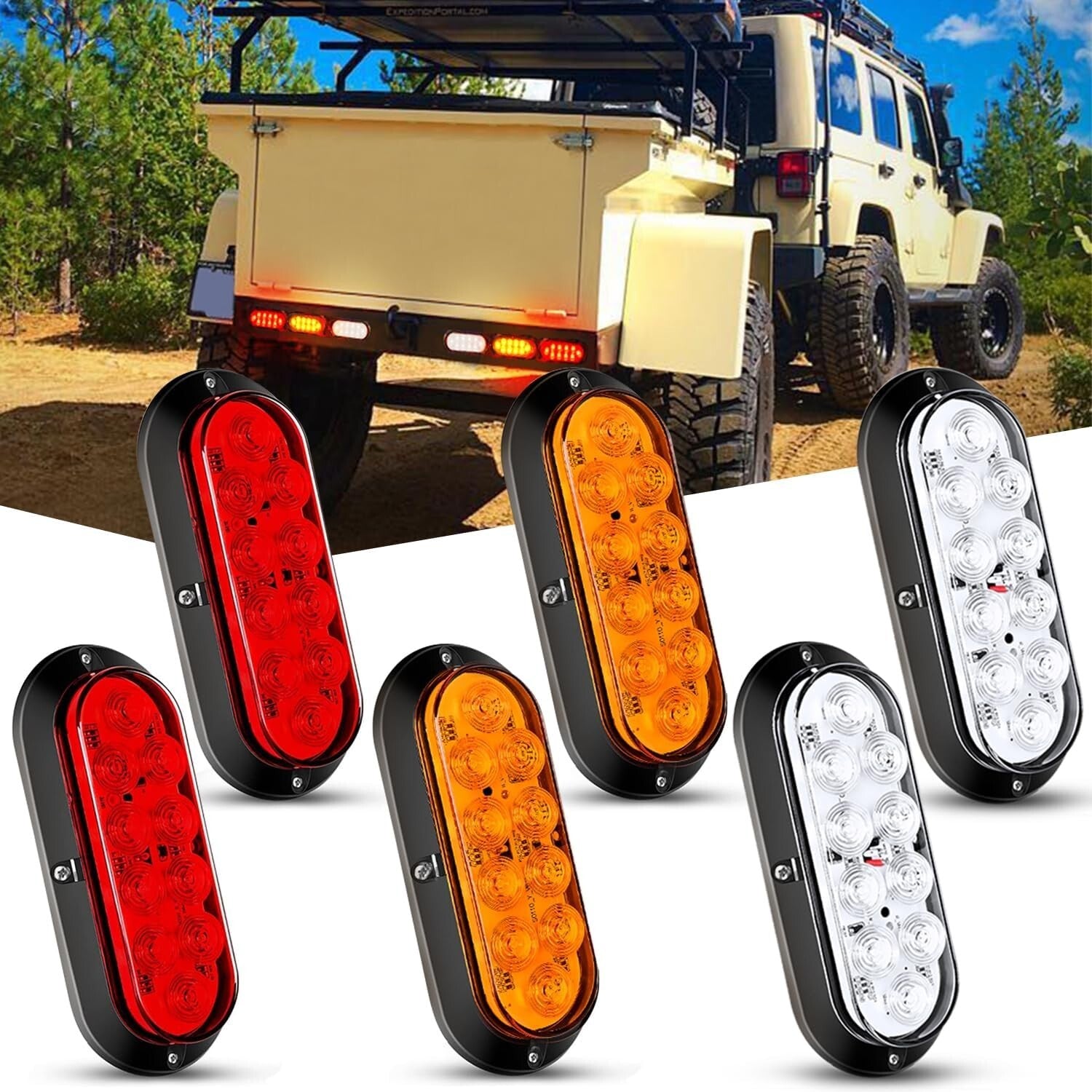 6'' Oval Red-White-Amber LED Trailer Lights - Super Bright, Waterproof 6-Pack