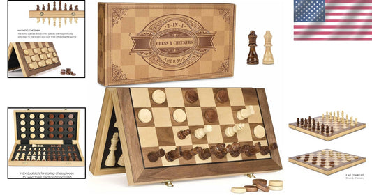15'' Classic Wooden Chess & Checkers Set with Magnetic Pieces - Family Fun Game