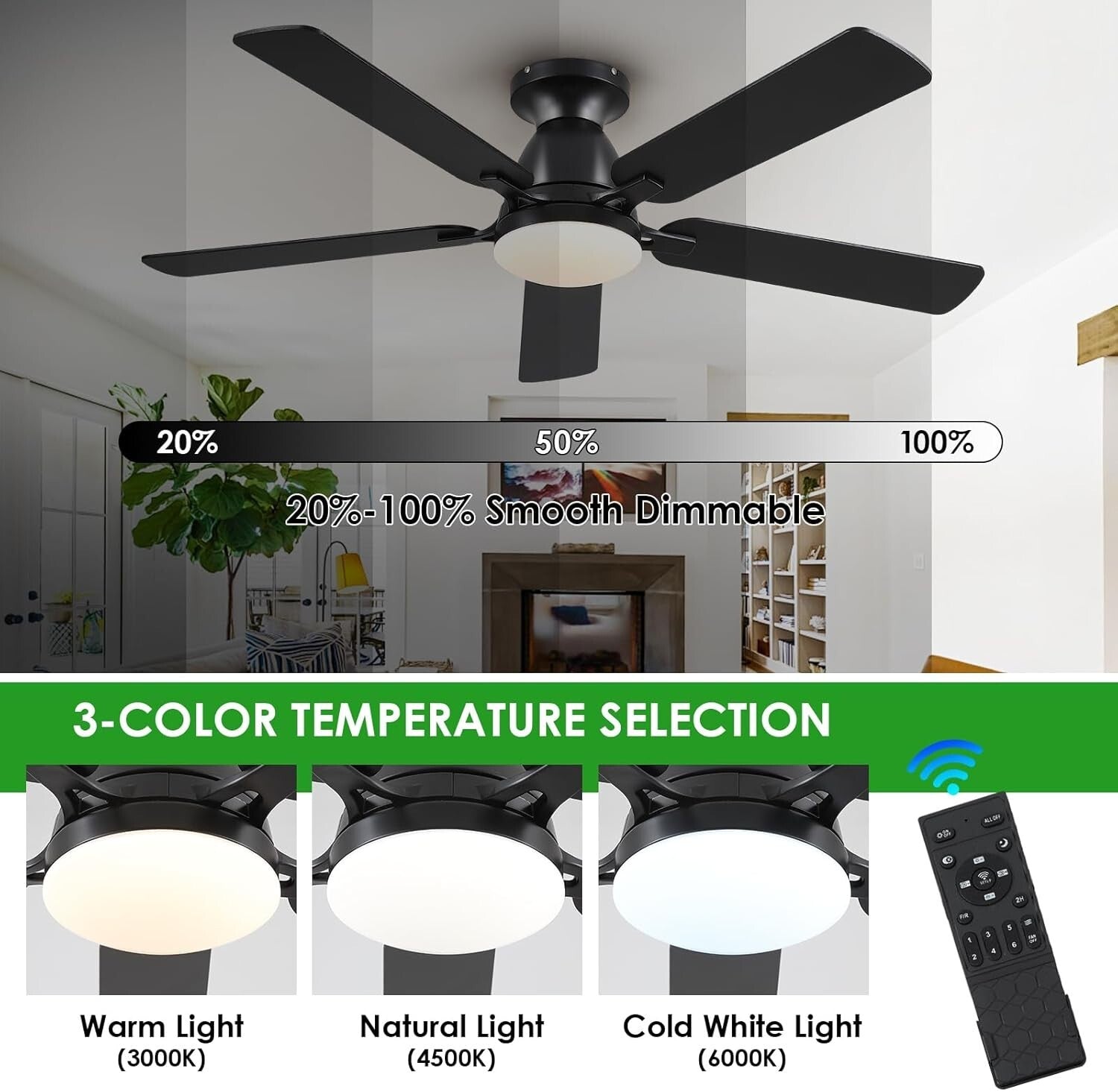 Elegant 52-Inch Indoor Ceiling Fan with Lights & Remote - Modern Black Finish
