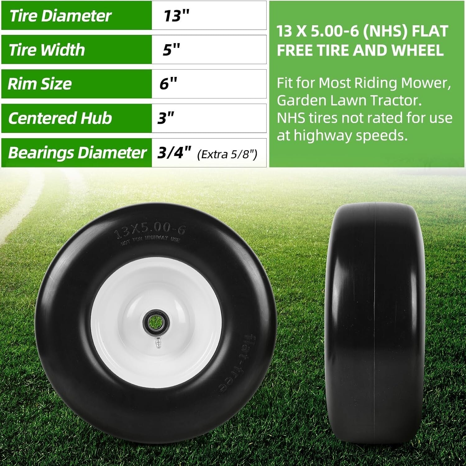 High-Load 2-Pack 13 x 5.00-6" Solid Rubber Tires for Garden Lawn Tractors