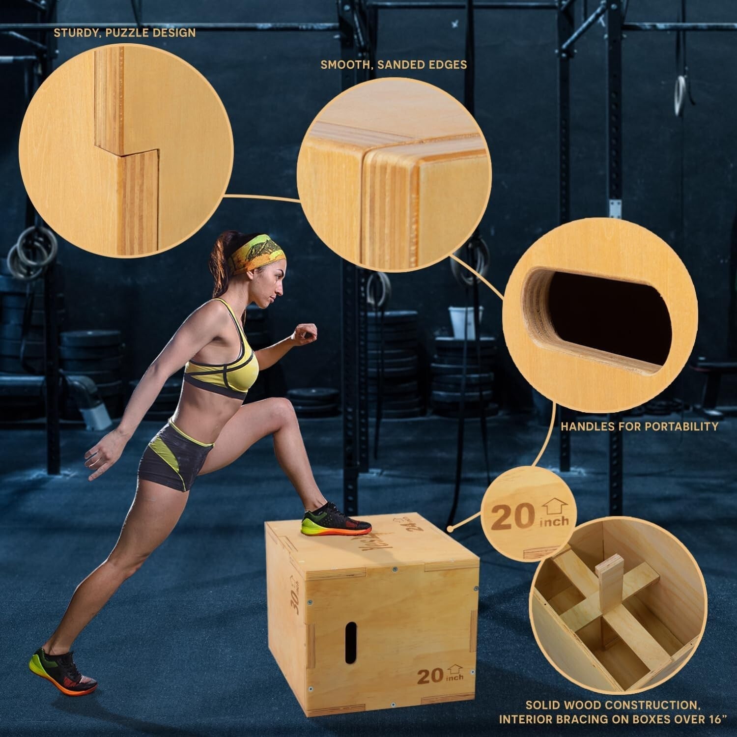 Adjustable Wooden Plyo Box for Safe Home Workouts – 3 Height Options Available