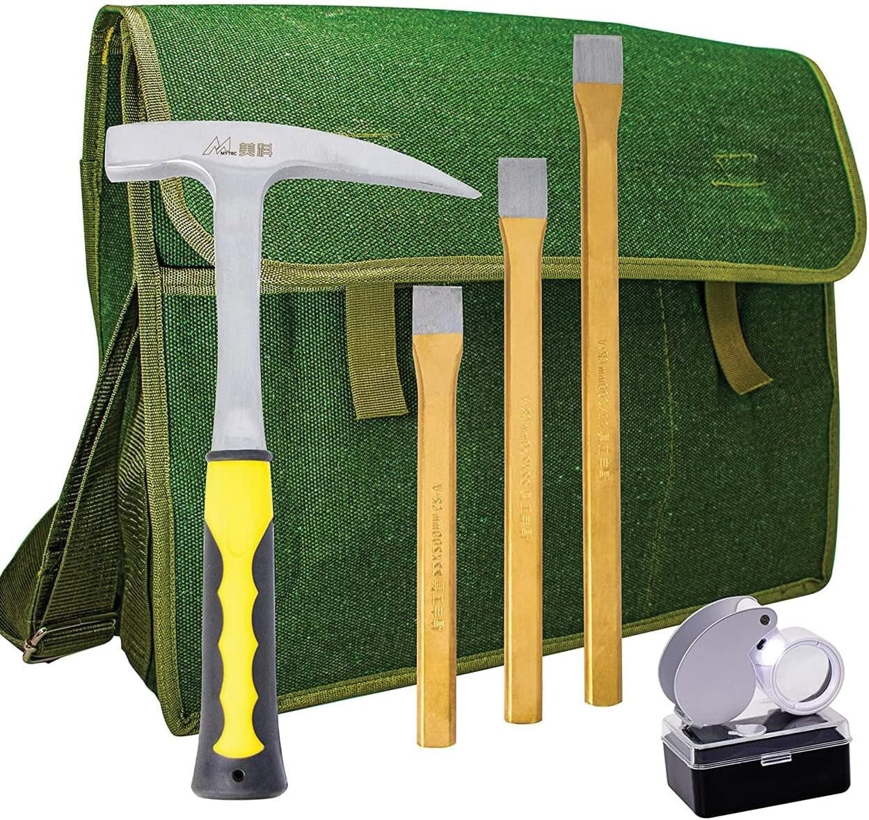 Complete Rockhounding Gear: Carbon Steel Hammer & Chisels in Stylish Musette Bag