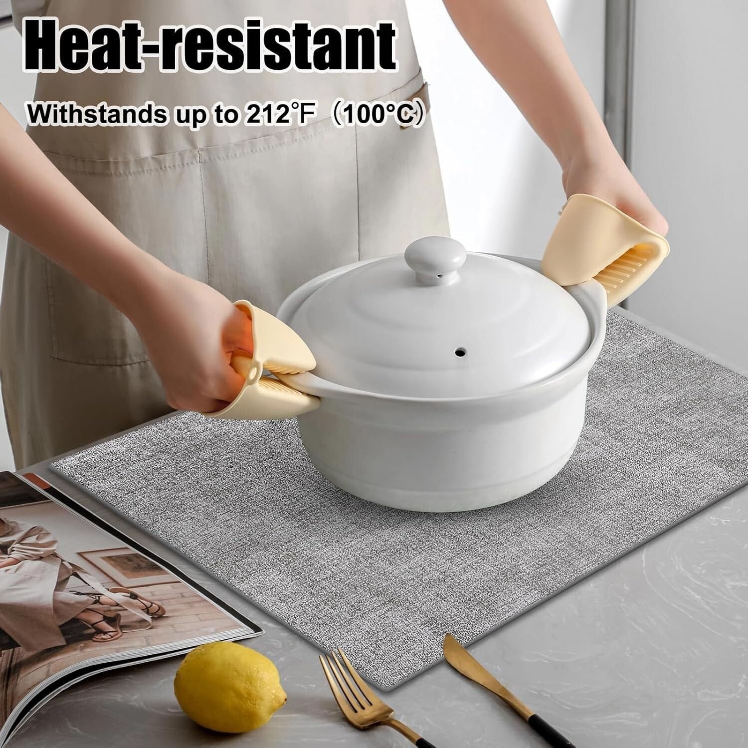 Set of 8 Light Grey Faux Leather Placemats - Stylish Heat Resistant Dining Mats