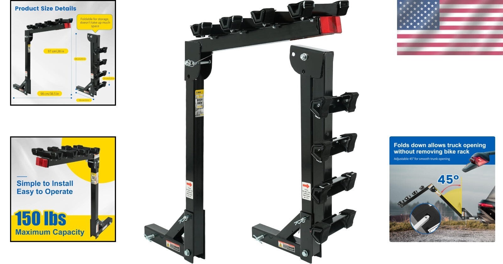 Durable Black Hitch-Mounted 4-Bike Carrier with Reflector - 150 lbs Capacity