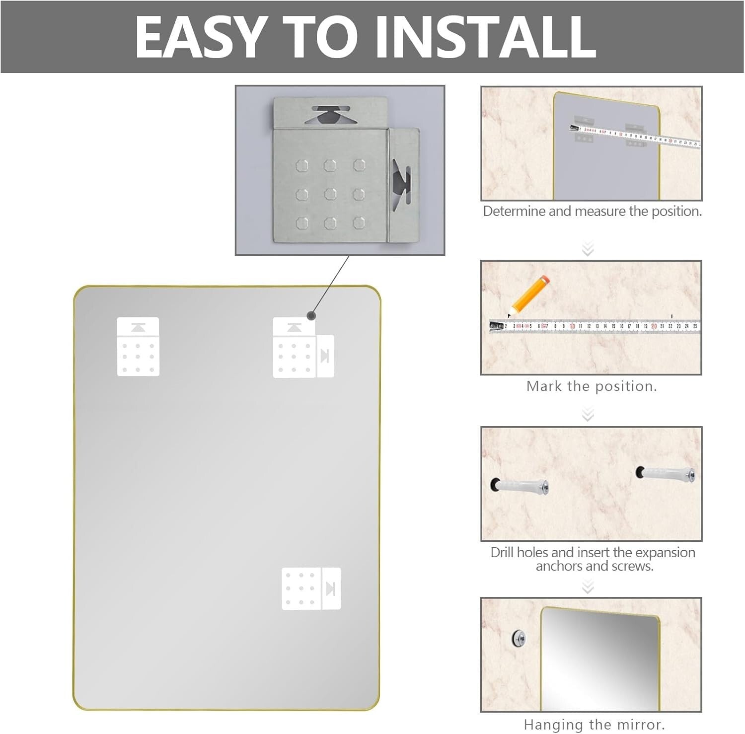 Sophisticated Gold Rectangular Mirror 36 x 30, Wall-Mounted or Leaned, Anti-Rust