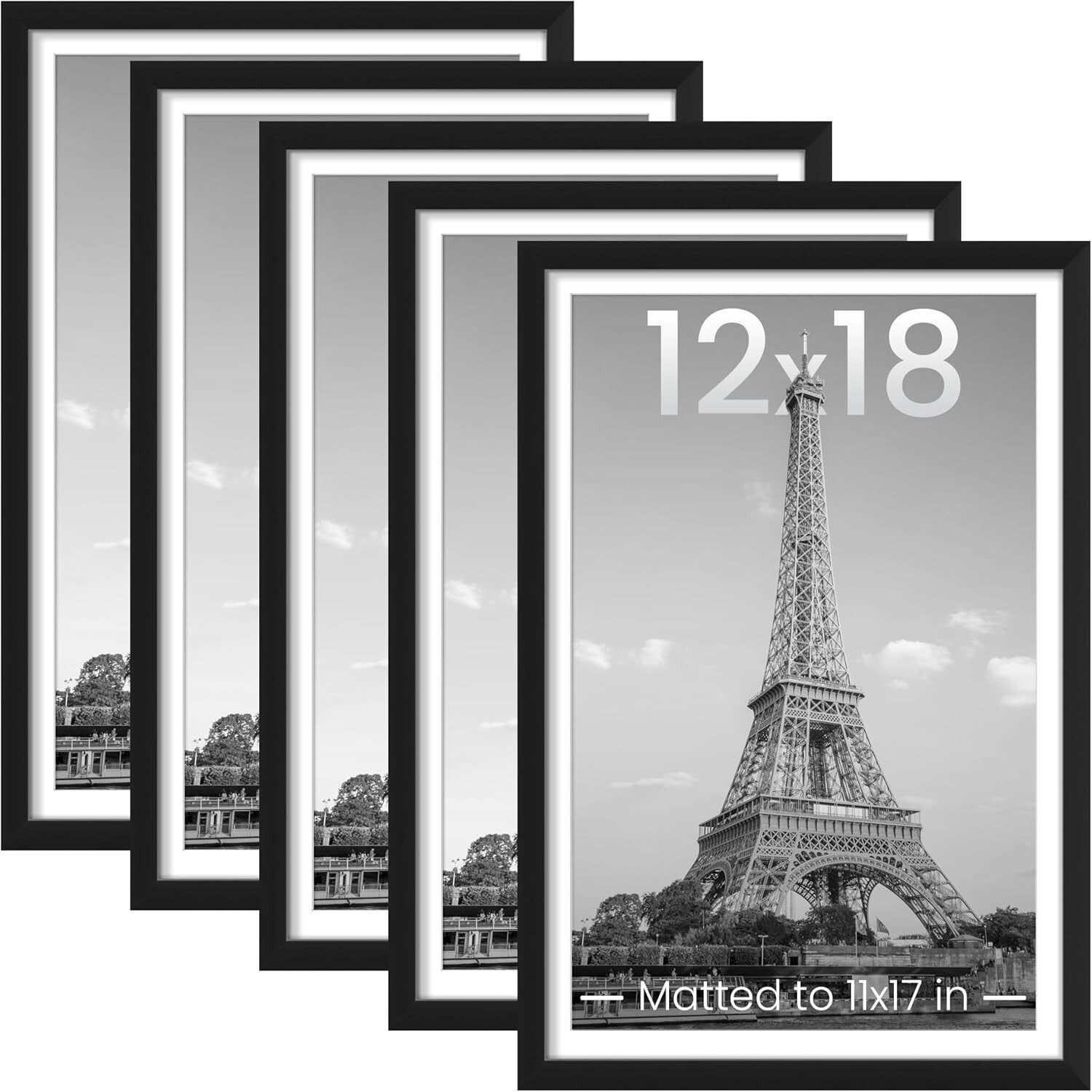 Elegant Black Picture Frame Set of 5 - 12x18 or 11x17 with Mat, Perfect Gift