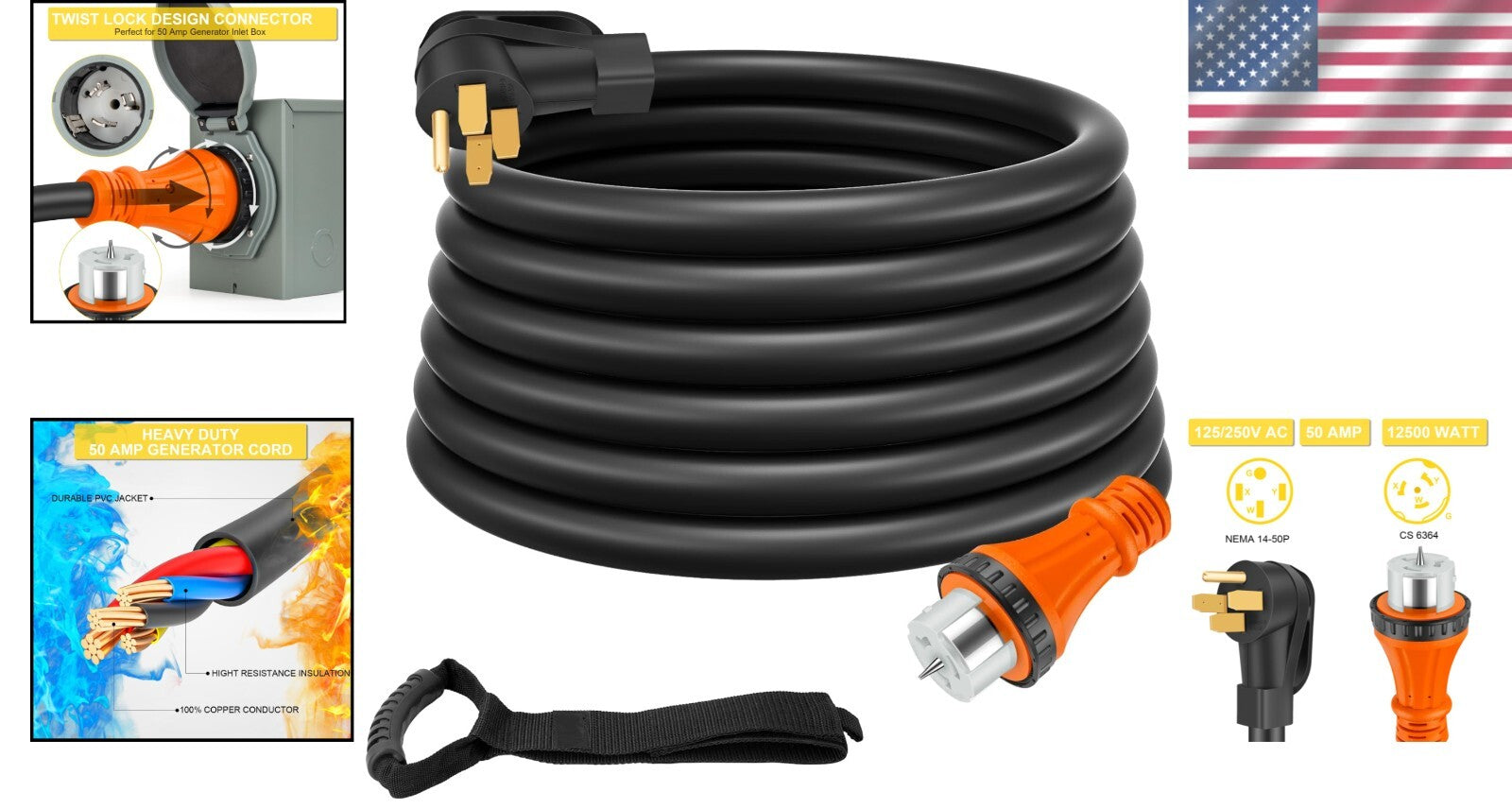 50 Amp Generator Power Cord, 25ft Weatherproof Extension for Reliable Connection