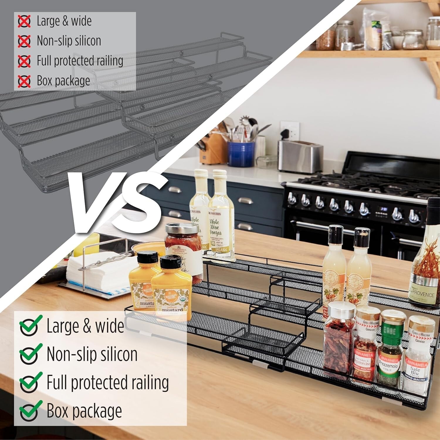 Elegant Expandable Spice Rack Organizer with Protective Railing - 14.5" to 29.1"