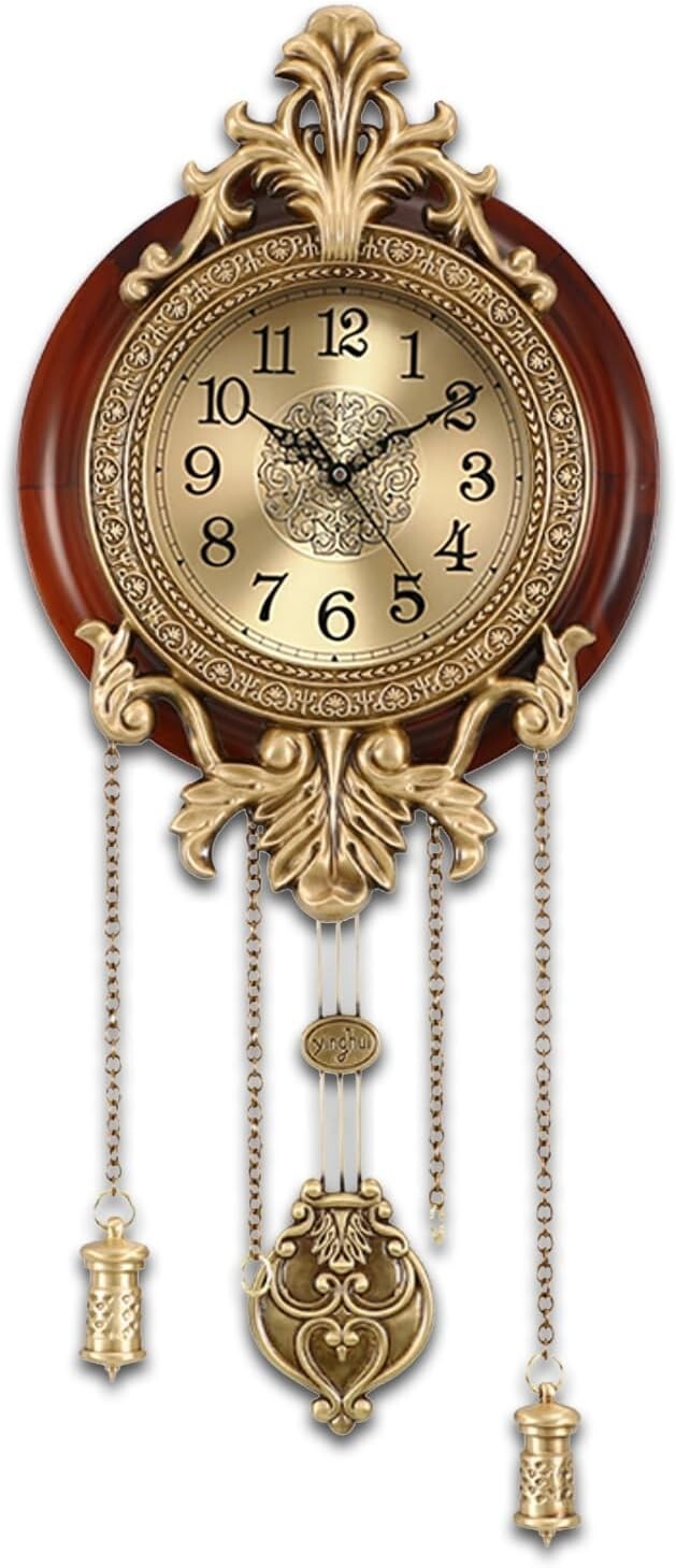 Stylish Brown Wall Clock with Pendulum – Silent, Battery Operated Elegance