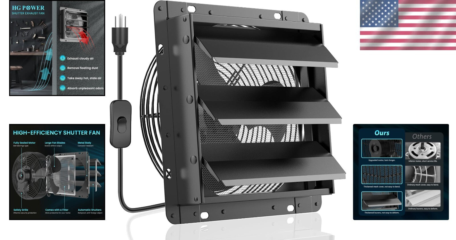 Energy-Efficient 10 Inch Exhaust Fan with Low Noise & Steel Mesh Screen - Black