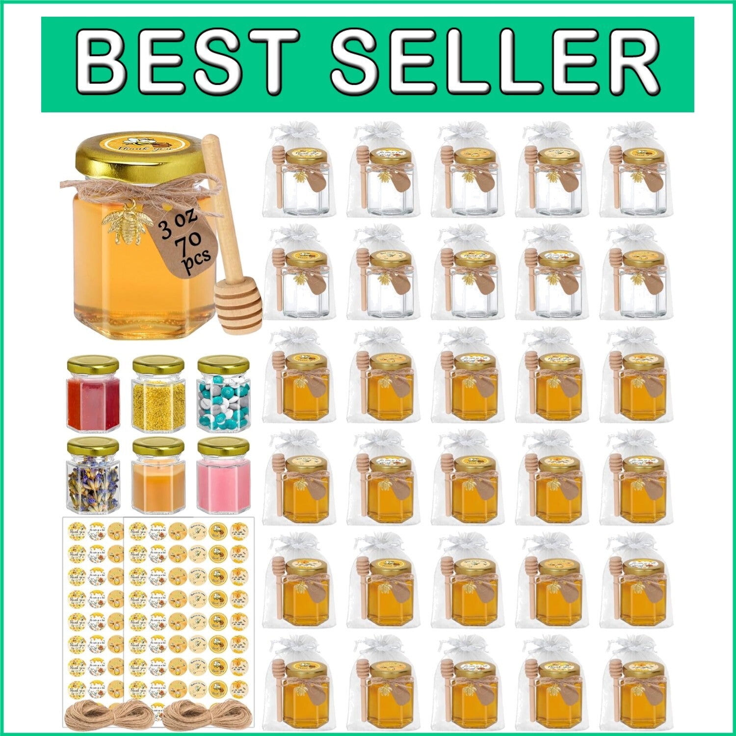 Bulk Set of 70 Beautiful Glass Honey Jars 3 oz with Lids & Customizable Stickers