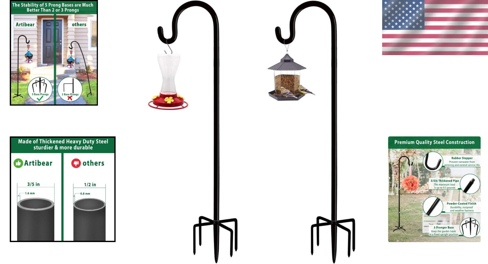 Adjustable Outdoor Shepherd Hook Stand with 5 Prong Base – 108 Inches Tall