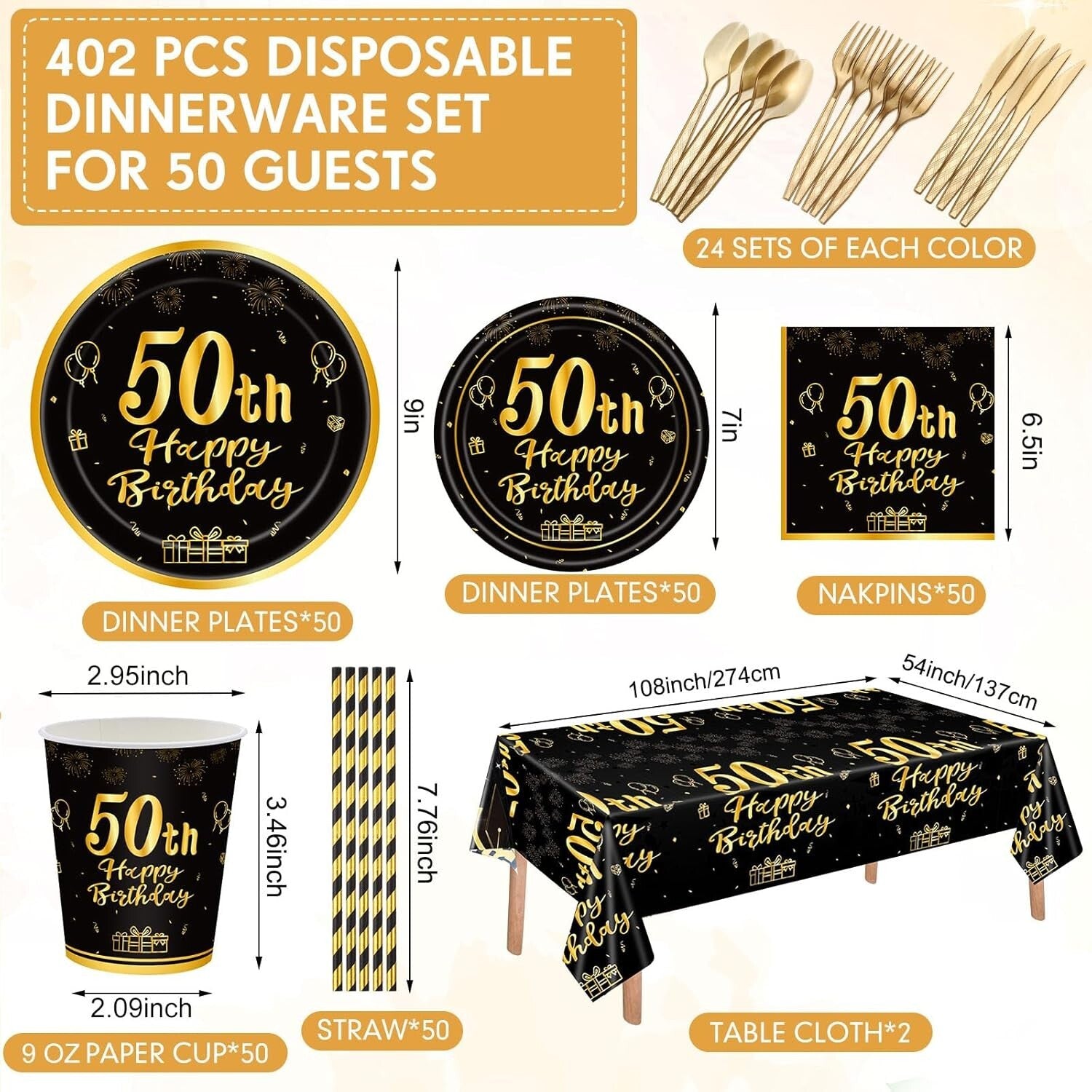 452 Pcs Elegant Black and Gold 50th Birthday Party Set - Plates, Cups & Decor
