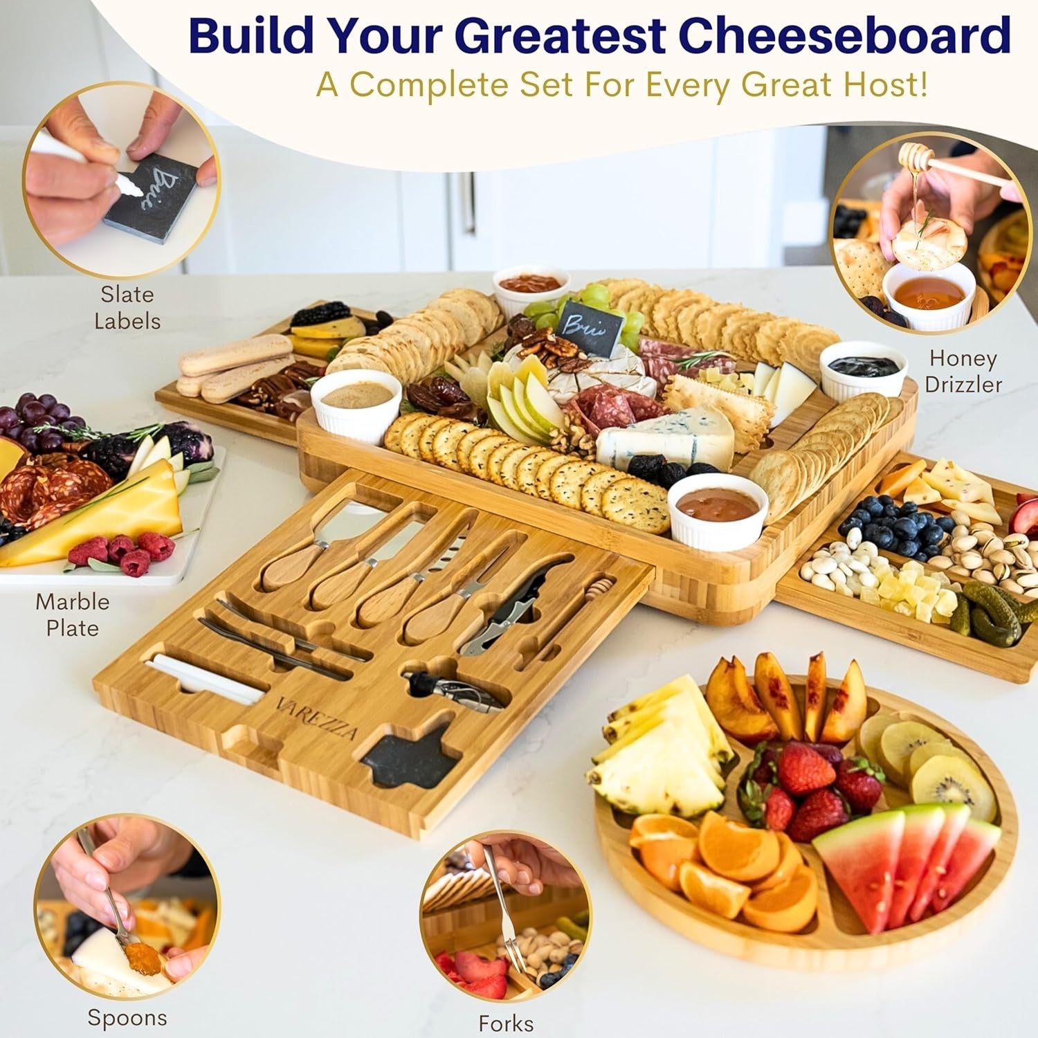 Extra Large Marble & Bamboo Charcuterie Board Set - 27 Entertaining Accessories