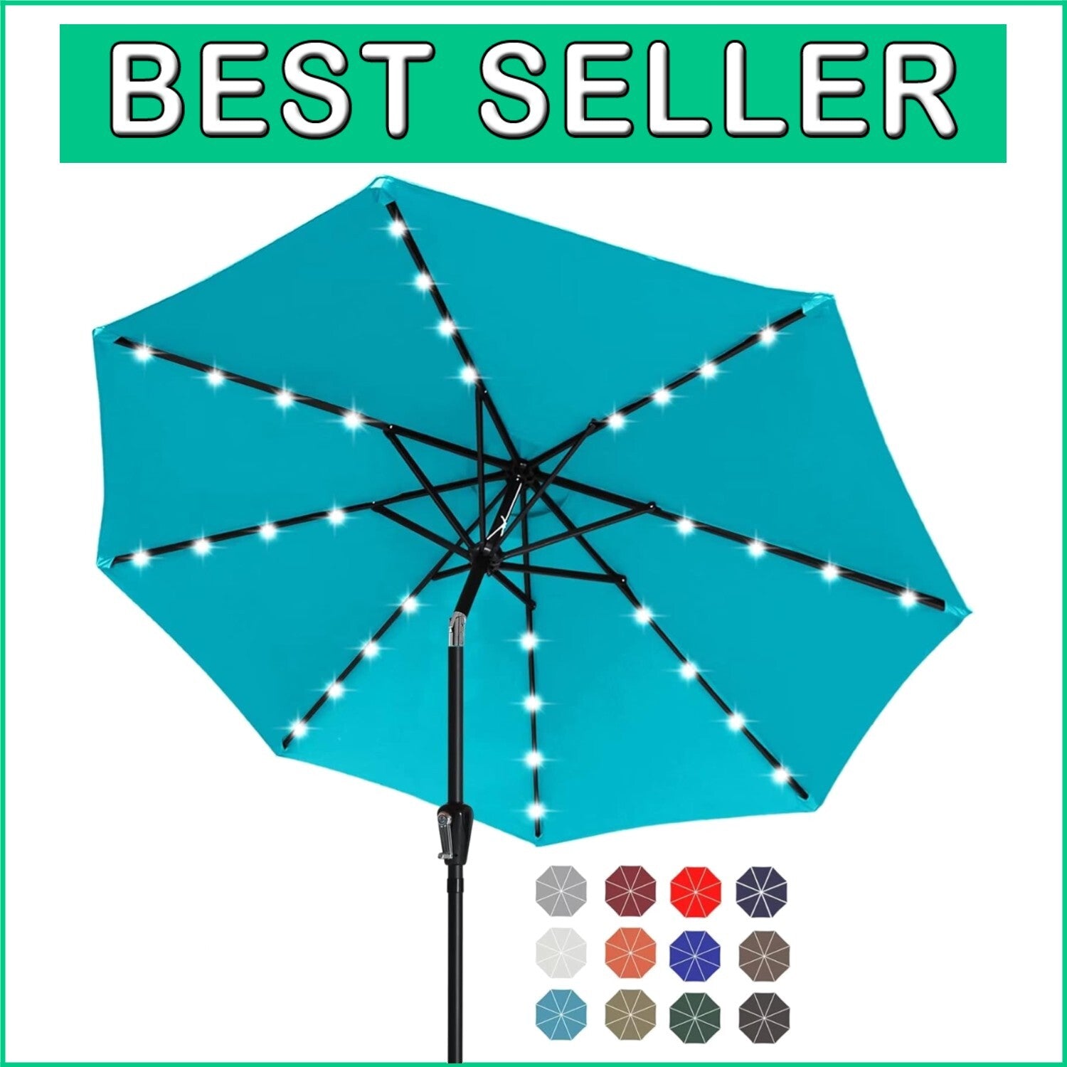 Durable 9FT Turquoise Solar LED Patio Umbrella with 32 Lights - Elegant Shade