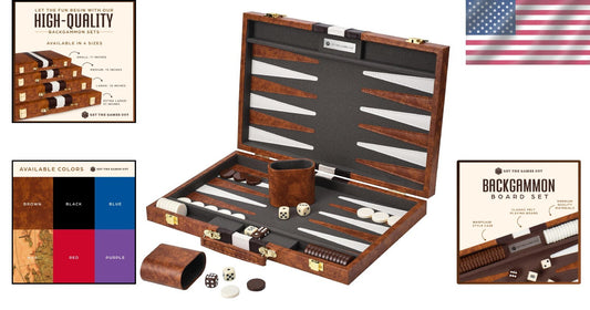 Compact Backgammon Set with Spare Chips – Travel-Ready Brown Leatherette Case