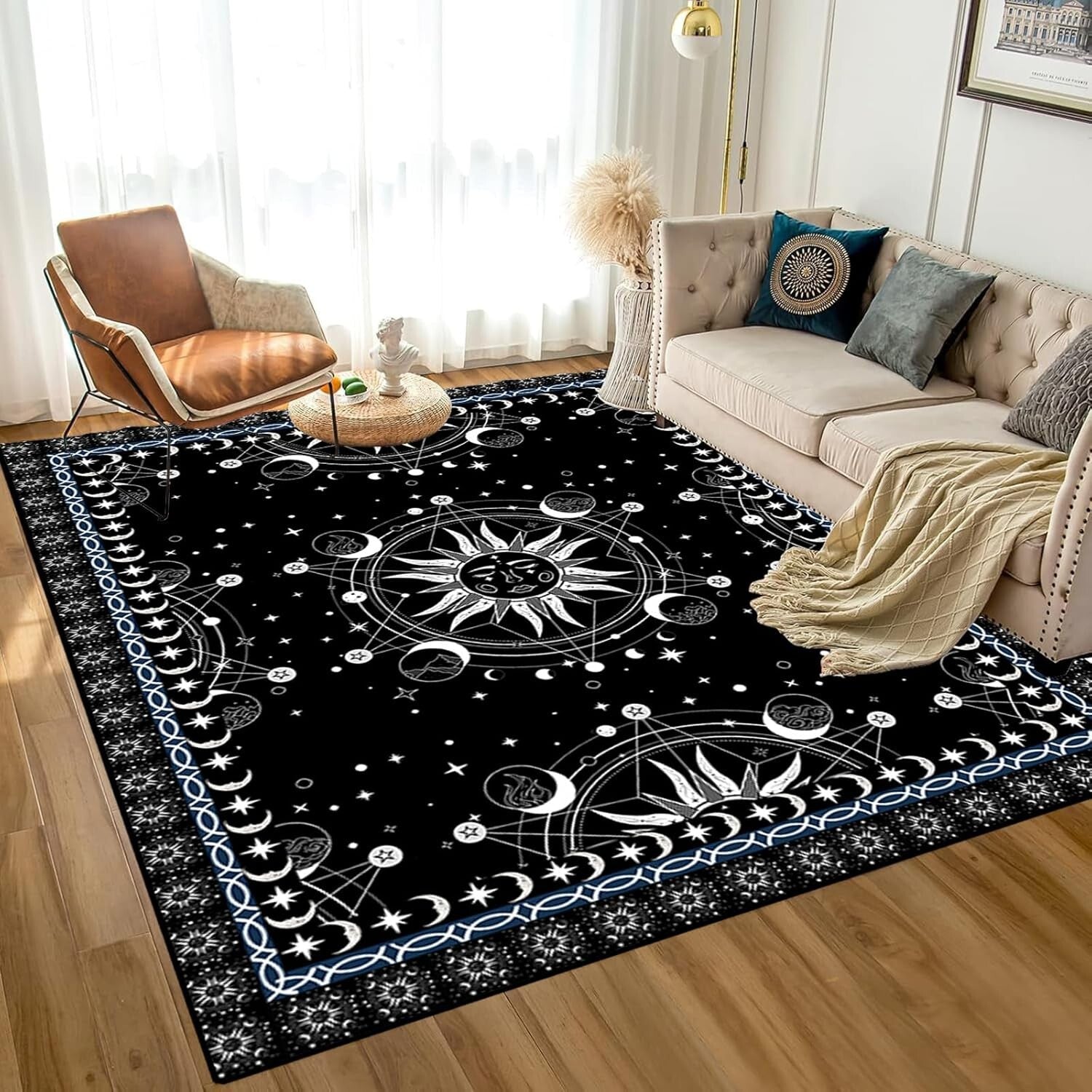 Whimsical 5' x 7' Black Polyester Floral Rug with Anti-Slip Design for Home Use