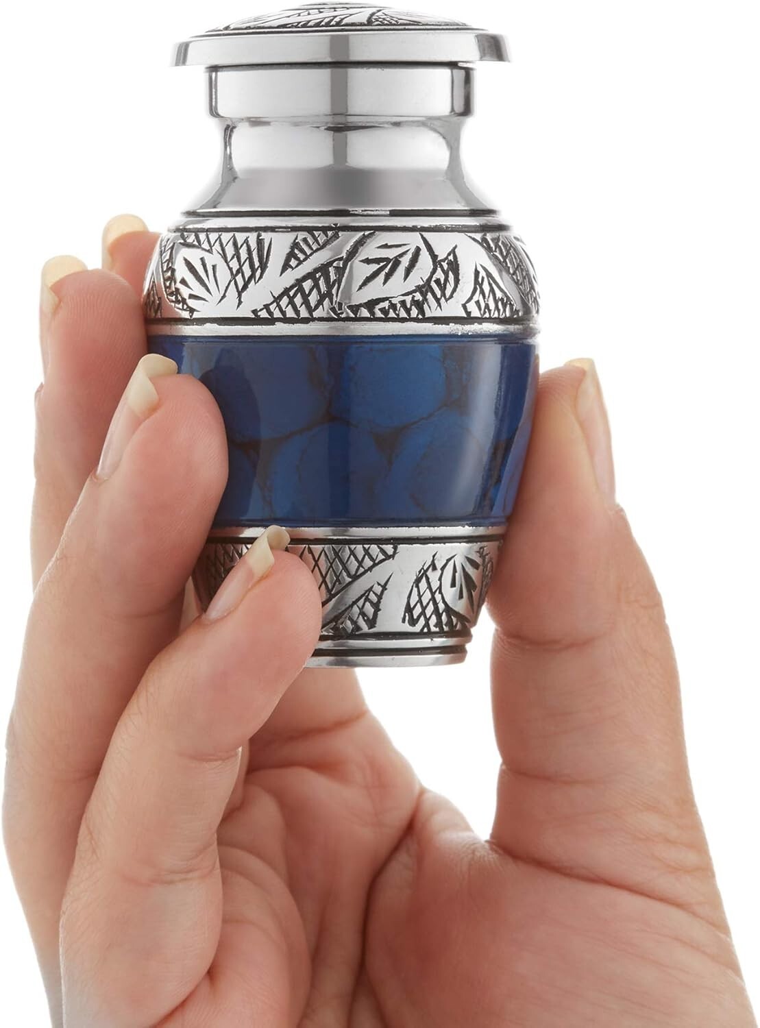 Set of 6 Mini Blue Cremation Urns with Velvet Case - Elegant Keepsake Collection