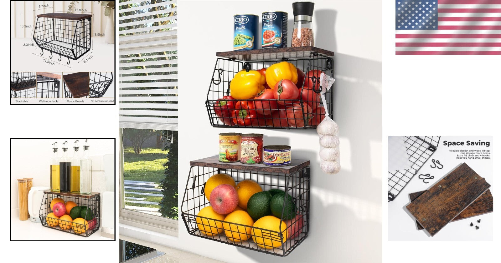 Elegant Kitchen Organizer: Metal Fruit Basket with Wooden Lid & Banana Hangers
