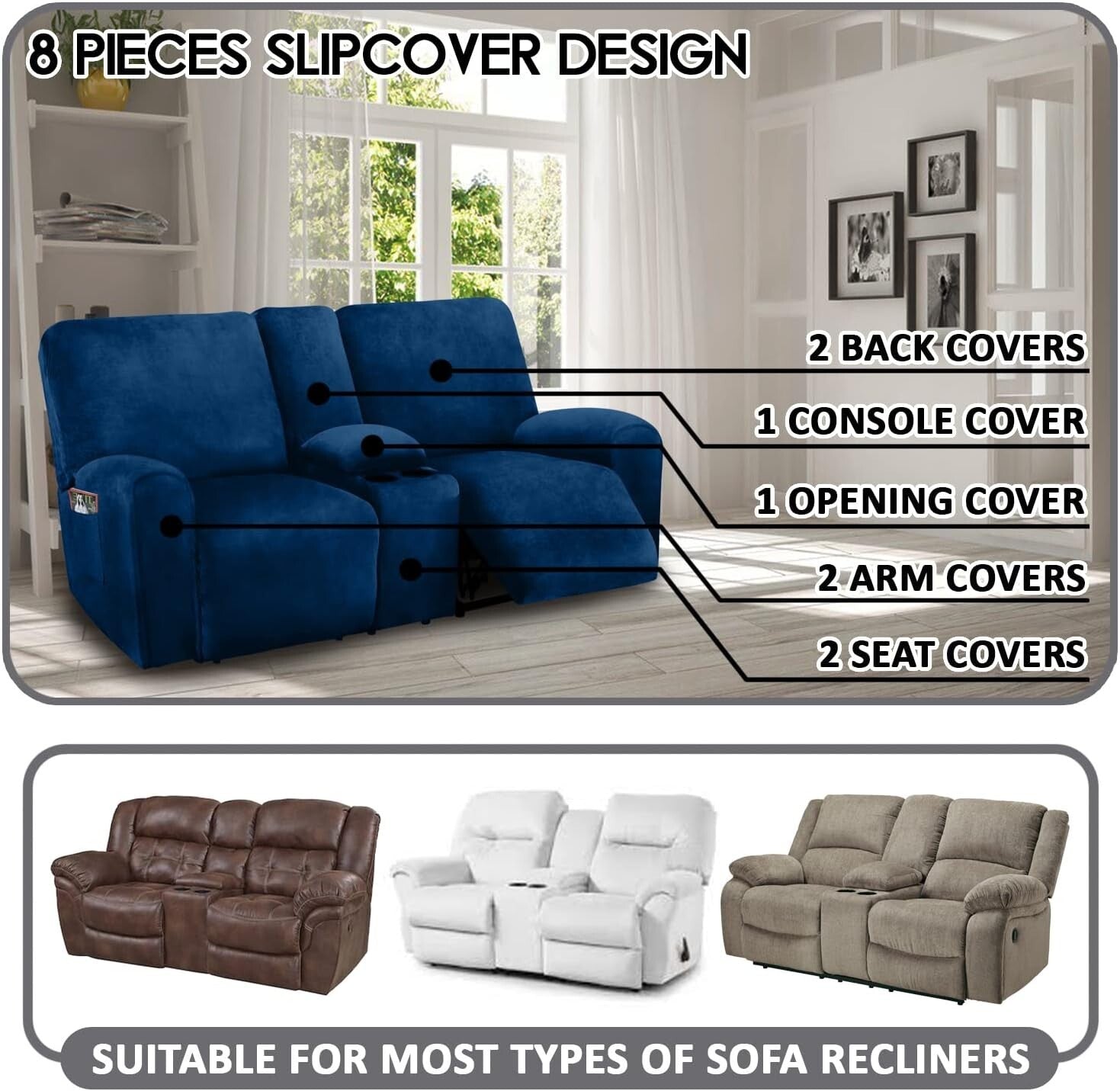 Elegant Navy 8-Piece Stretch Slipcover for Loveseat Recliners - Machine Washable