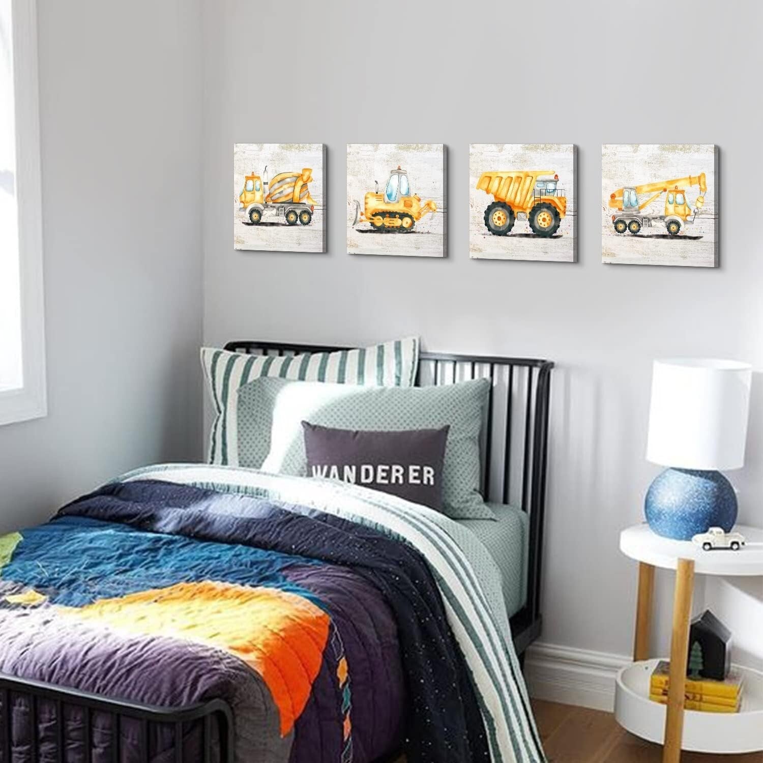 Eco-Friendly Construction Vehicle Canvas Art Set for Kids Room - 14x14 Inches