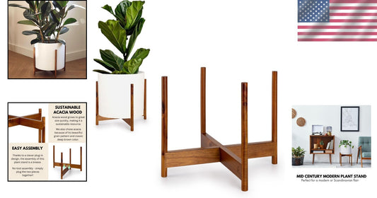 Elegant Mid Century Acacia Wood Plant Stand - Fits 14.9 Inch Pots, No Assembly