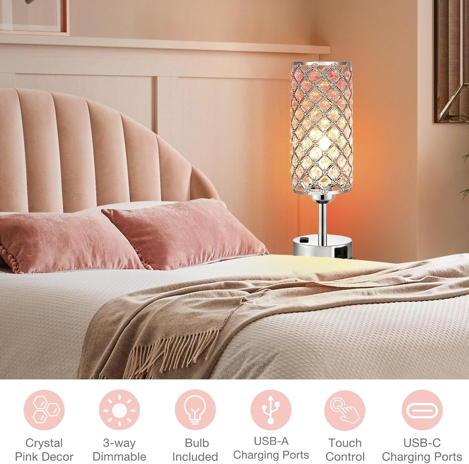 Modern 2-Pack Dimmable Touch Crystal Table Lamps with USB Charging Ports