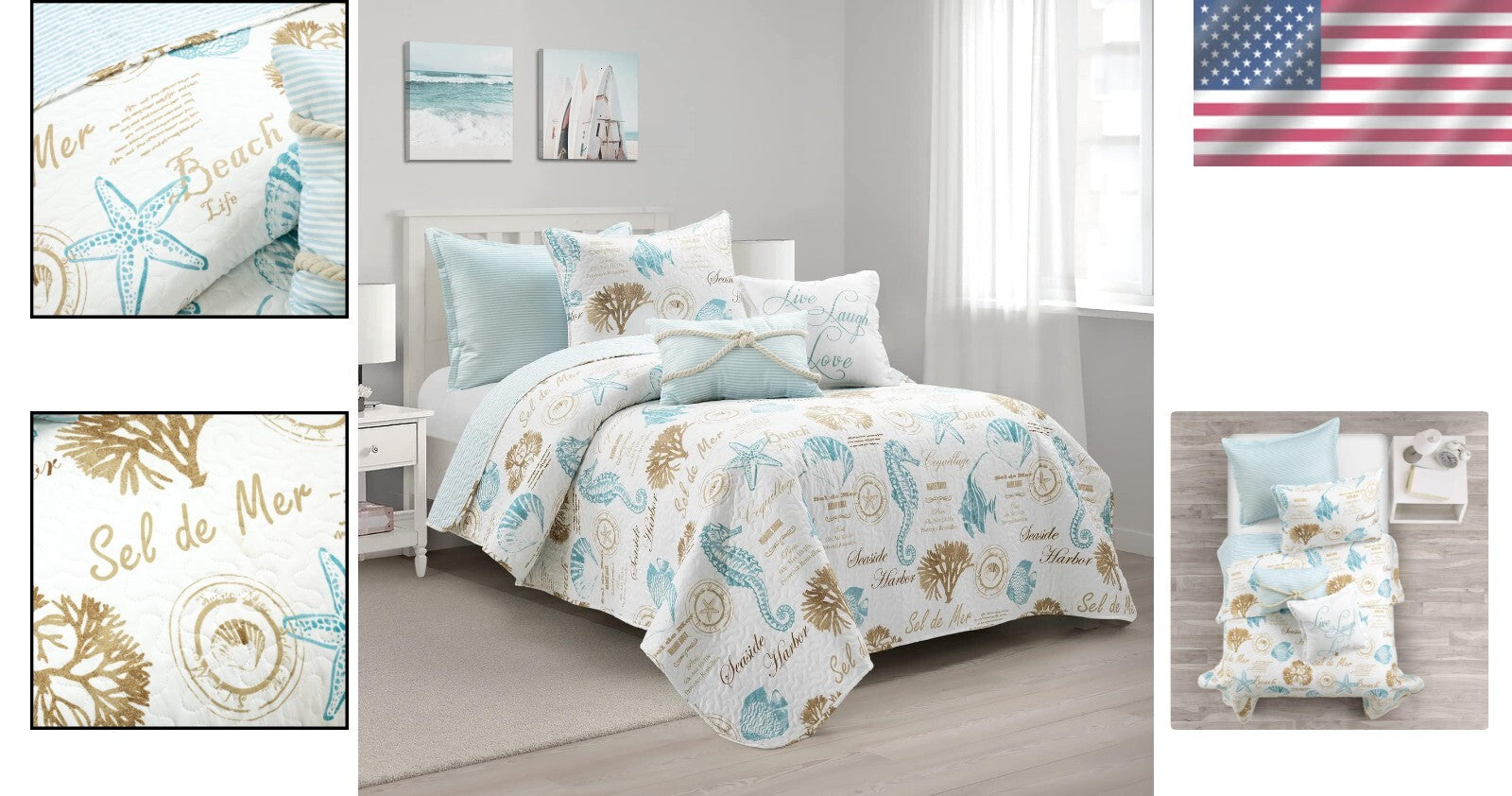 Harbor Life 5-Piece Reversible Coastal Quilt Set - Twin/Twin XL - Beach Theme