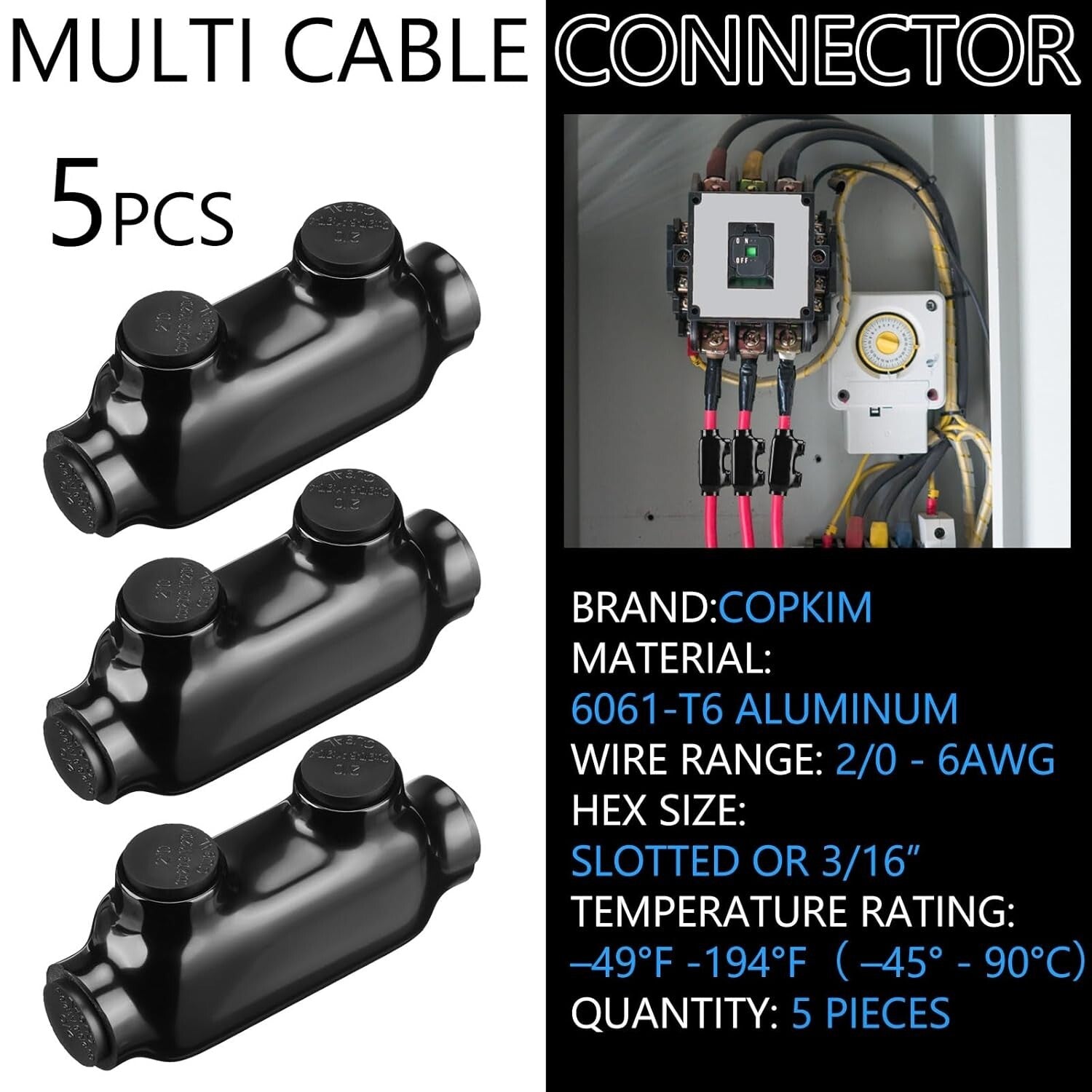 Durable Black Splice Connectors with Oxide Inhibitor - 5 Pack for 2/0-6 Wires