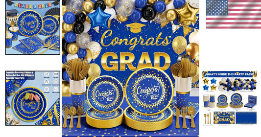 2025 Graduation Party Supplies - 245 PCS Blue & Gold Complete Decoration Kit