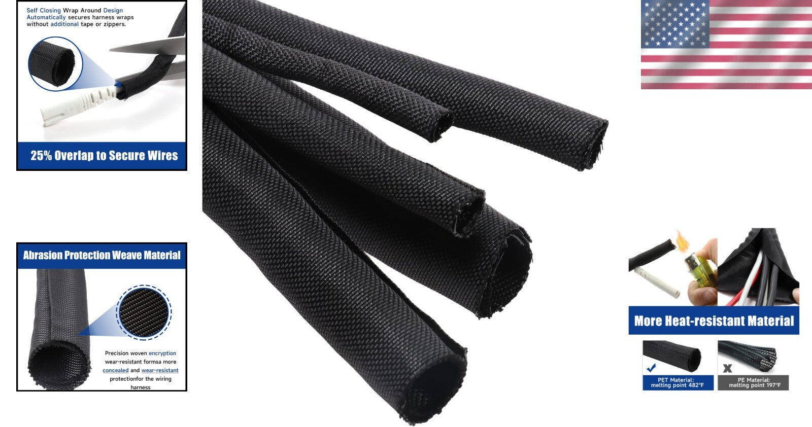 28ft Braided Split Sleeving - Black Cable Protector for Automotive & Audio-Video