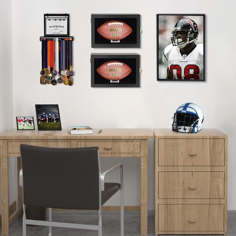 Elegant Wall-Mount Football Display Case with UV Protection - Black Wooden Box